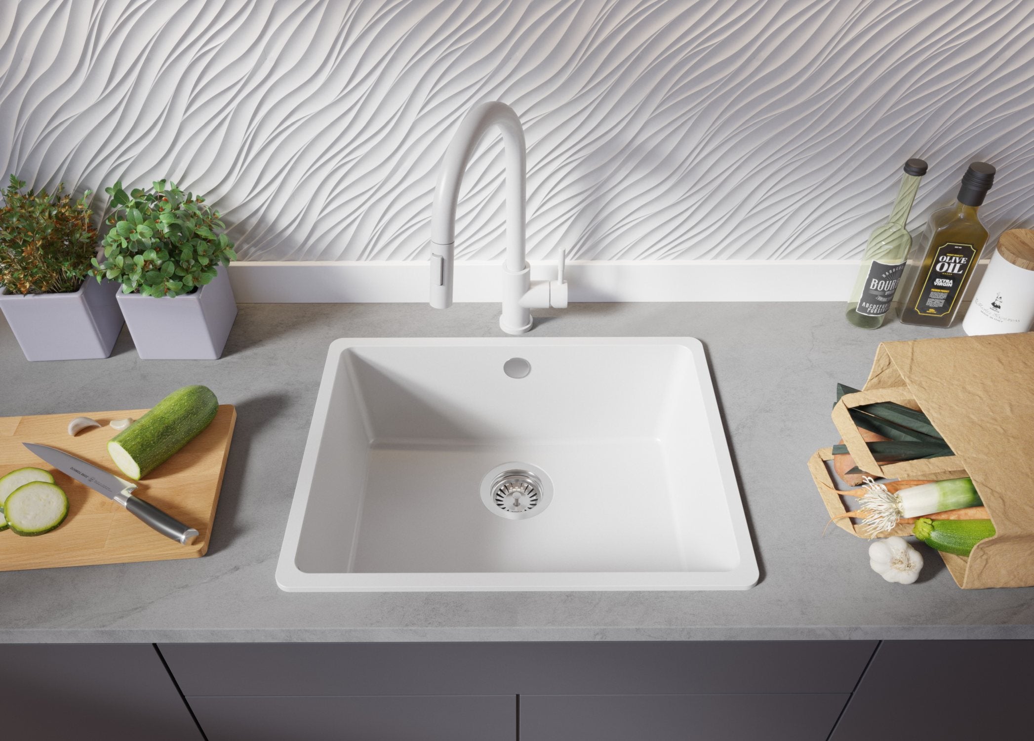 Lavello da Cucina Bianco 56x44cm, Lavandino in Granito a 1 vasca + Sifone Classico + Accessori, Lavabo da Cucina Incasso al mobile 60cm PRIMAGRAN - 3