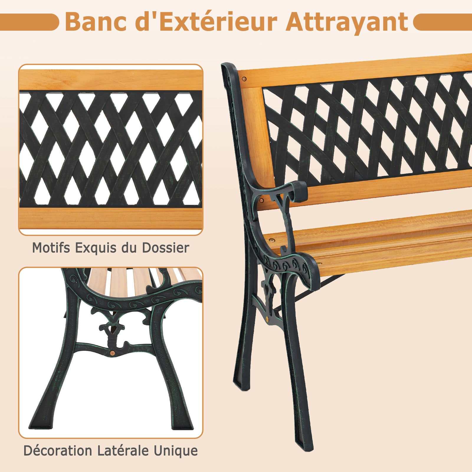 Banc de Jardin d'Extérieur, Banc de Parc pour 3 Personnes, Cadre en Métal Moulé, Siège en Bois de Pin, Accoudoirs, Banc à Lattes, pour Jardin, Parc - 7