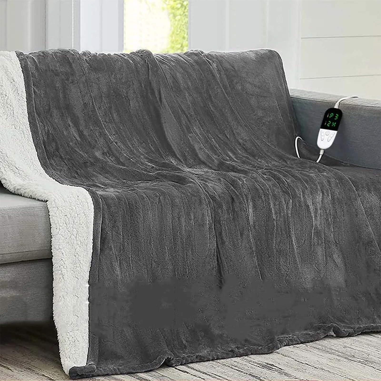 Coperta elettrica matrimoniale NAVARIS 130 x 180 cm in pile bianco e grigio, con 3 temperature regolabili e timer | Caldo Letto