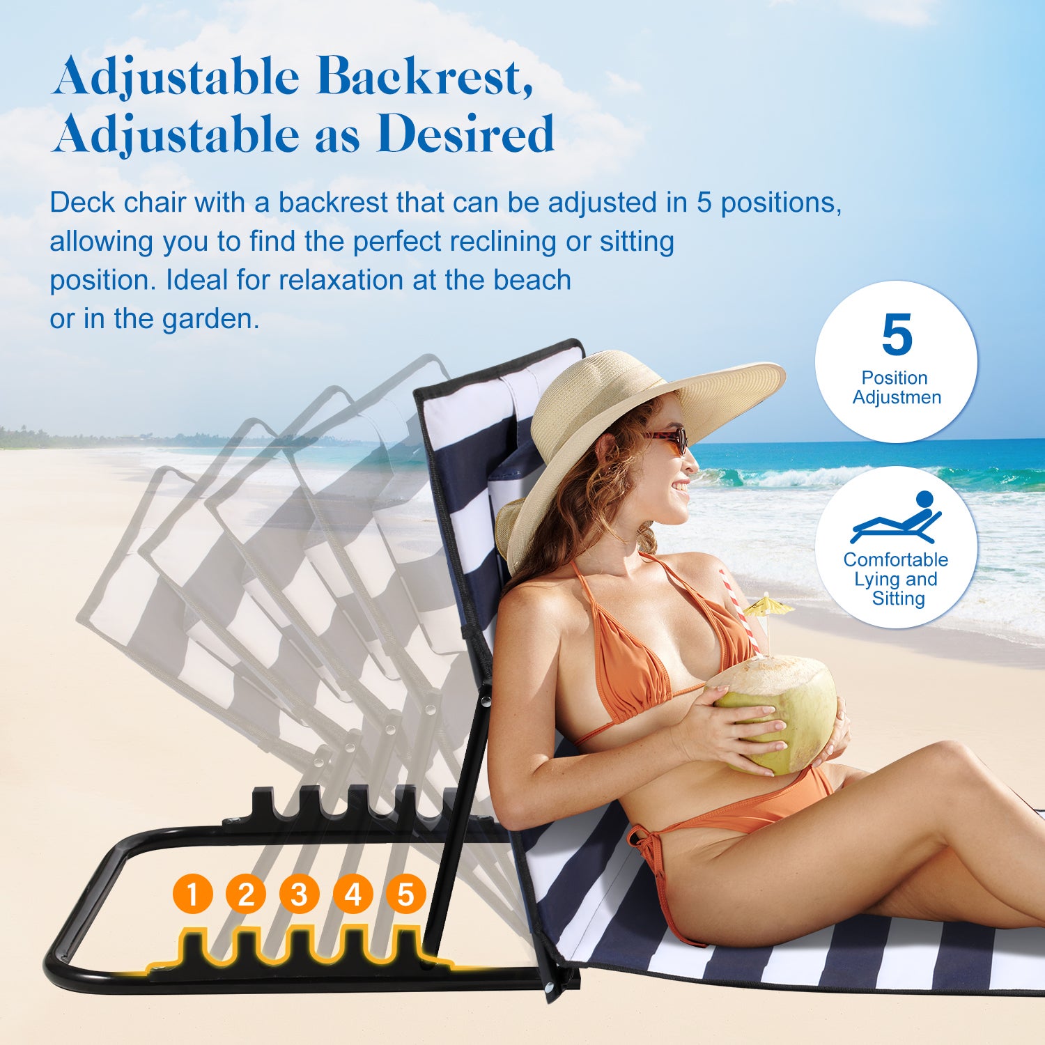 Matelas, transat, tapis de plage avec dossier inclinable et sac de transport 158cmx55cm Bleu et blanc - 4