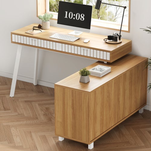 Bureau en L 140x120x76,5cm, style moderne, motif à rayures verticales, pieds en acier, deux tiroirs, grand espace de rangement - 2