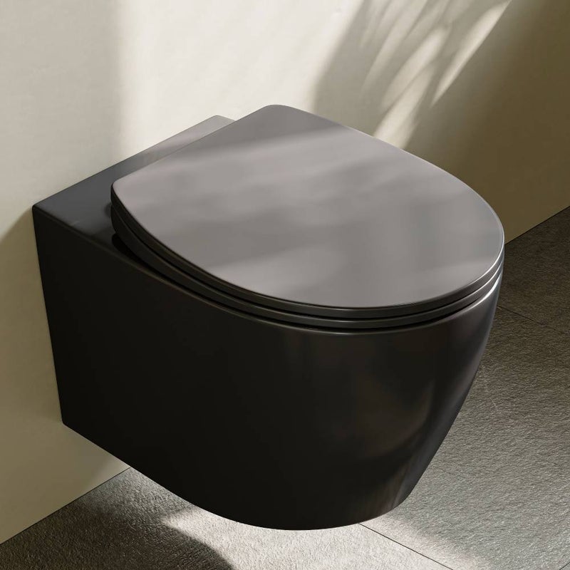 Matowa, czarna, ceramiczna toaleta ścienna z wolnoopadającą deską sedesową, kompaktowa konstrukcja. HOROW