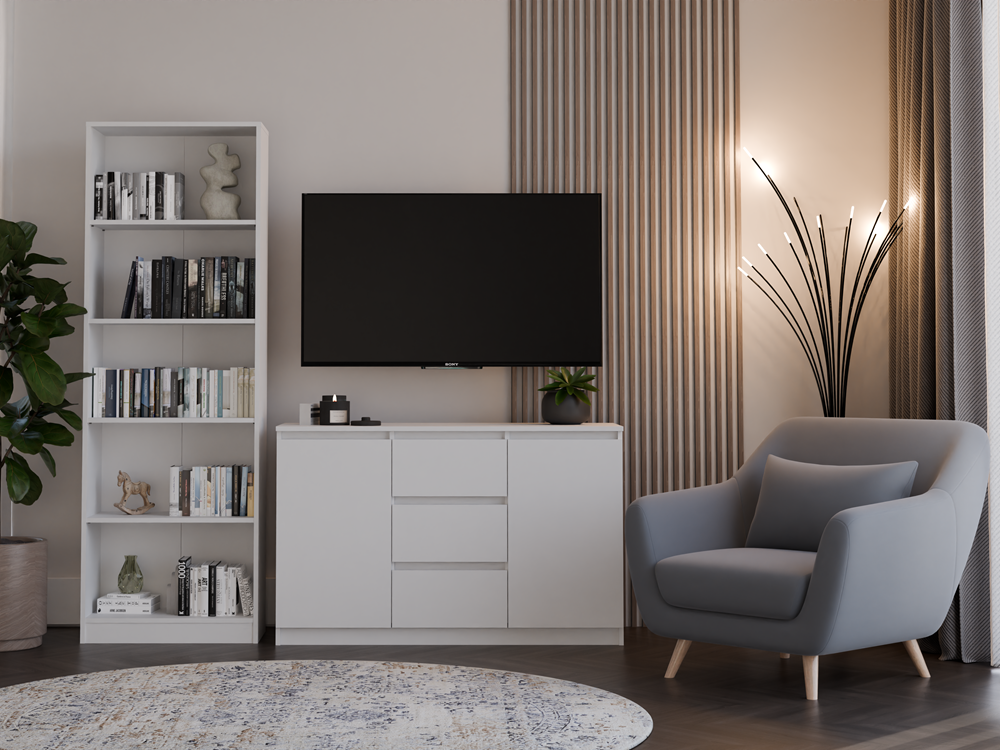 CAZAR - Commode moderne 2 portes + 3 tiroirs chambre/salon/bureau| Dimensions : 75x120x40 - Design minimaliste - Meuble fonctionnel - Blanc - 5