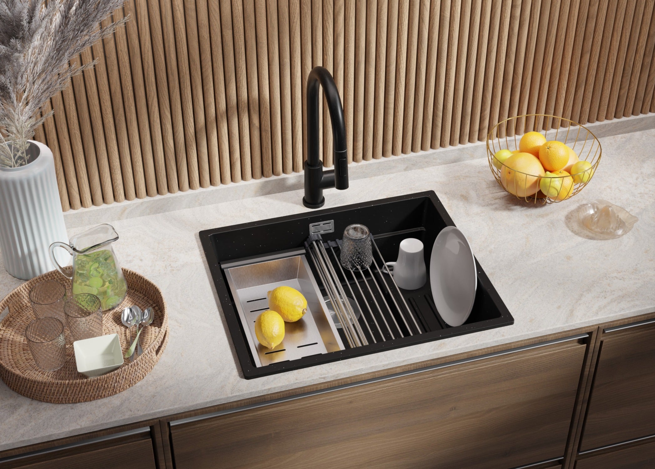 Fregadero cocina negro metallic 56x47cm, granito 1 seno + sifón + enrollable escurridor, sobre encimera al mueble 60cm - prague slim primagran