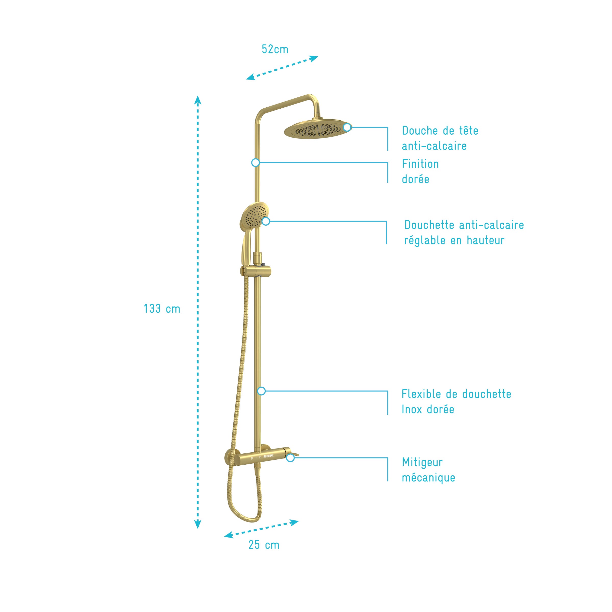 Columna de ducha Mecánica Oro Cepillado 133x26x52 cm - MOLLY GOLD - 4