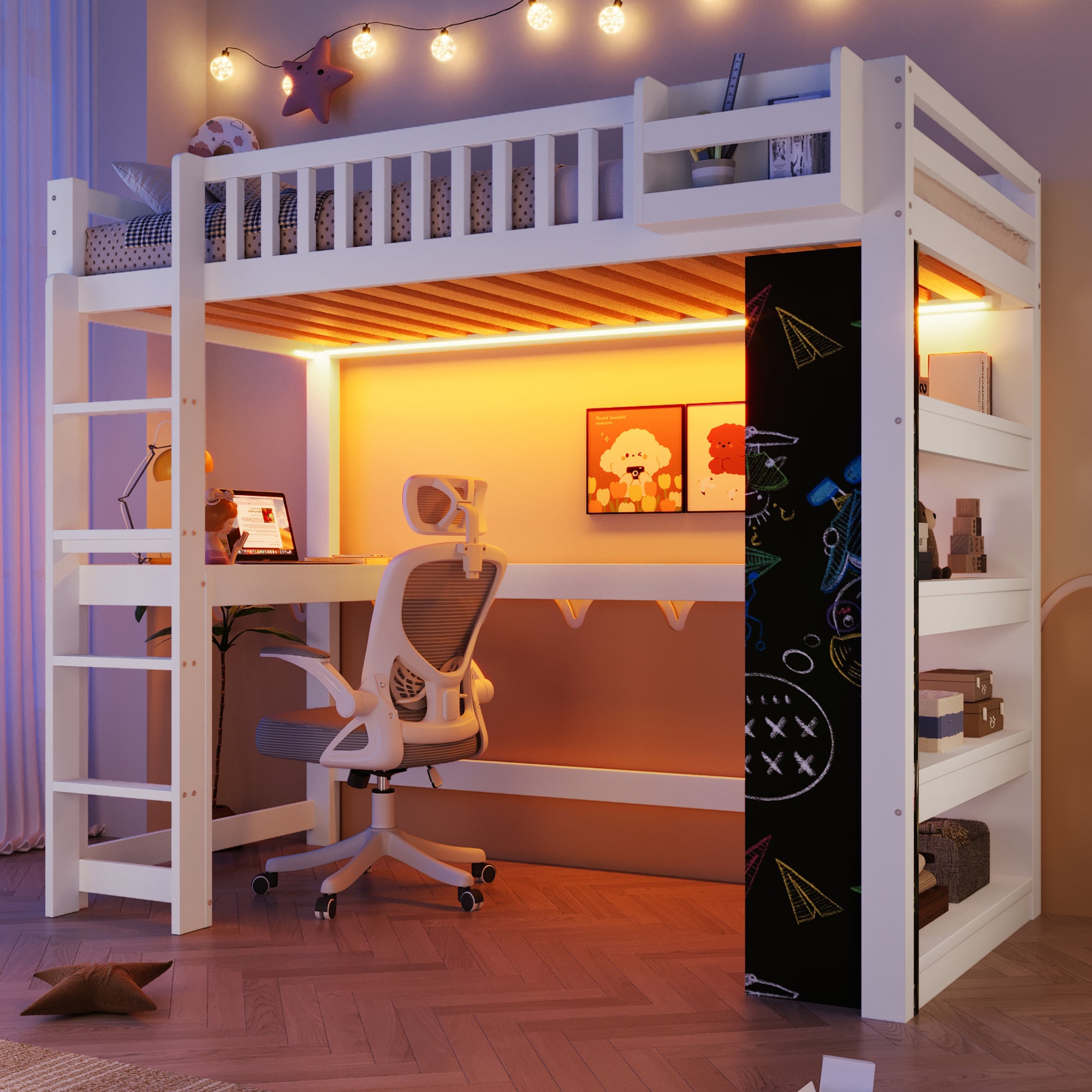 Lit mezzanine enfant avec bureau et rangements,Lit multifonction avec tableau noir + étagère + éclairage LED,sommier en pin, 90x200 cm - blanc - 3