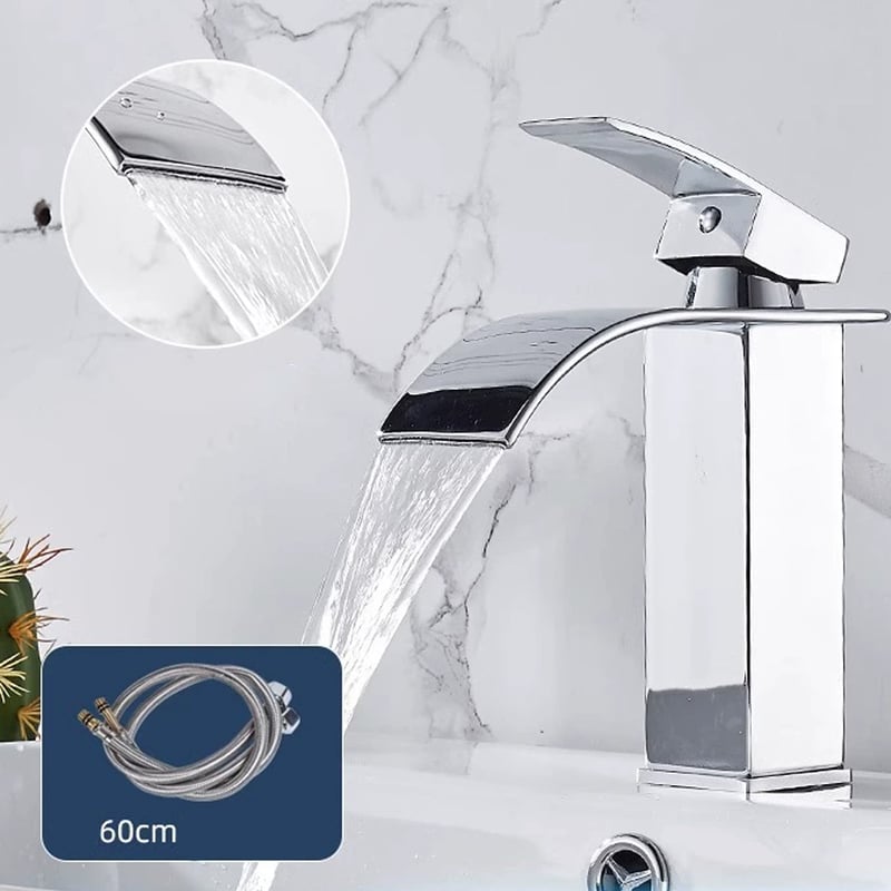 Nowoczesna bateria łazienkowa typu wodospad, elegancka bateria umywalkowa, dostępna ciepła i zimna woda, baterie chromowane