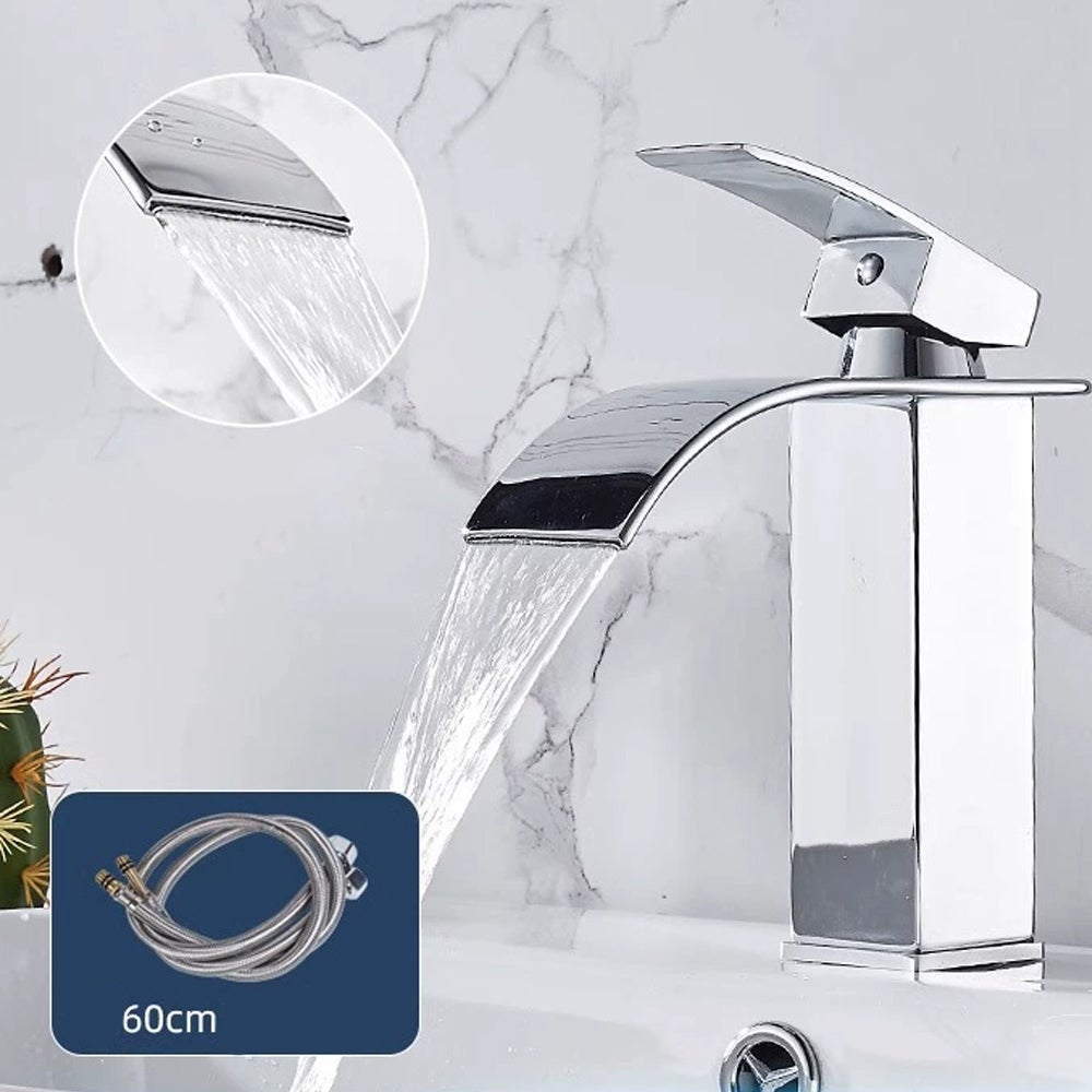Nowoczesna bateria łazienkowa z funkcją wodospadu, elegancka, designerska bateria umywalkowa, dostępna ciepła i zimna woda, chromowane baterie