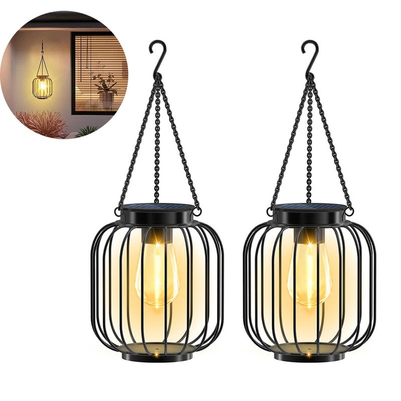 2 sztuki metalowych lampionów solarnych, wodoodporne zewnętrzne lampy solarne, wiszące dekoracyjne lampiony zewnętrzne zasilane energią słoneczną