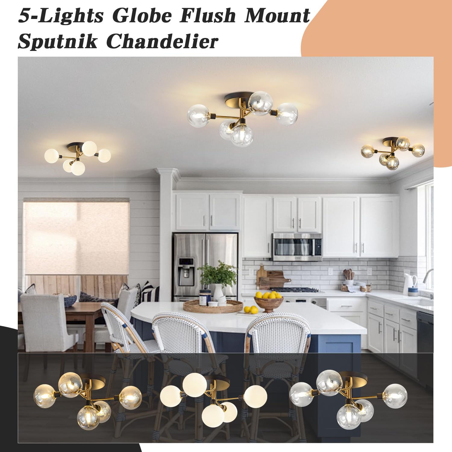 Plafonnier rétro médiéval, abat-jour en verre à lumière moléculaire de luxe avec sphère, lumière blanche, noir et or avec abat-jour transparent, G9 - 6