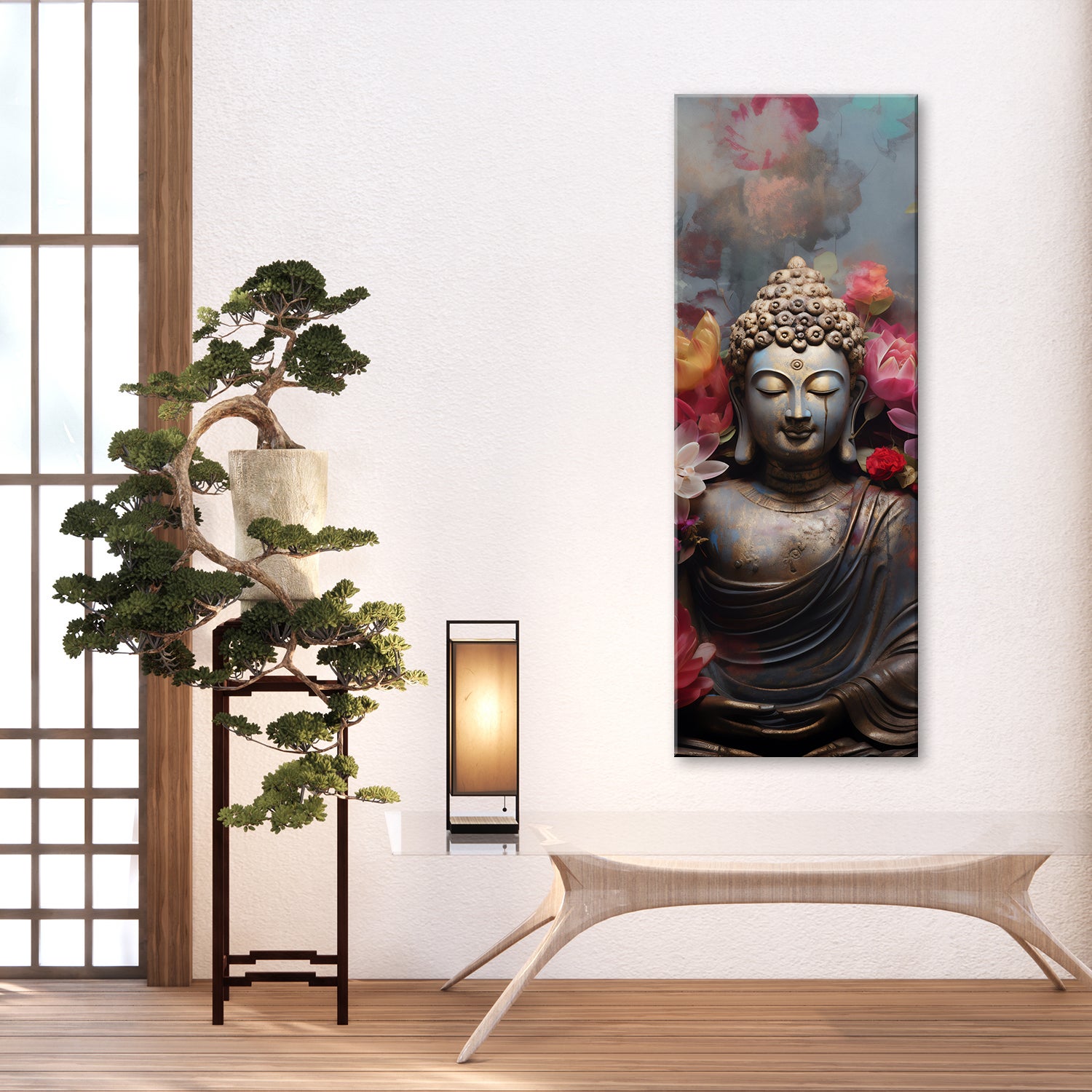Tableau sur toile Statue de Bouddha avec fleurs 30x90 - 2