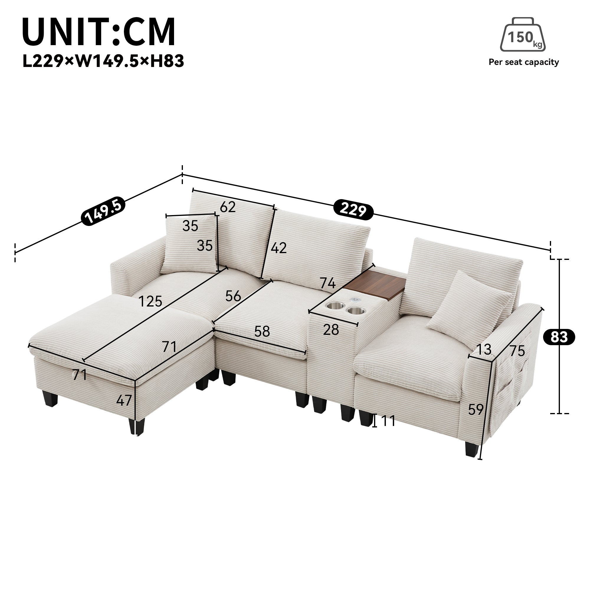 Nowoczesna sofa - z konsolą - 2 uchwyty na kubki - port ładowania USB - kieszenie na podłokietnikach - z poduszkami - beżowa - 5
