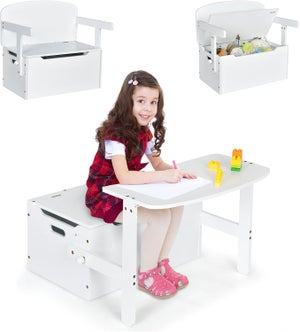 Table Enfant + Chaise En Bois 3 En 1 - Avec Rangement, Plateau Amovible Et Porte-rouleau - Bureau D'activités Vert