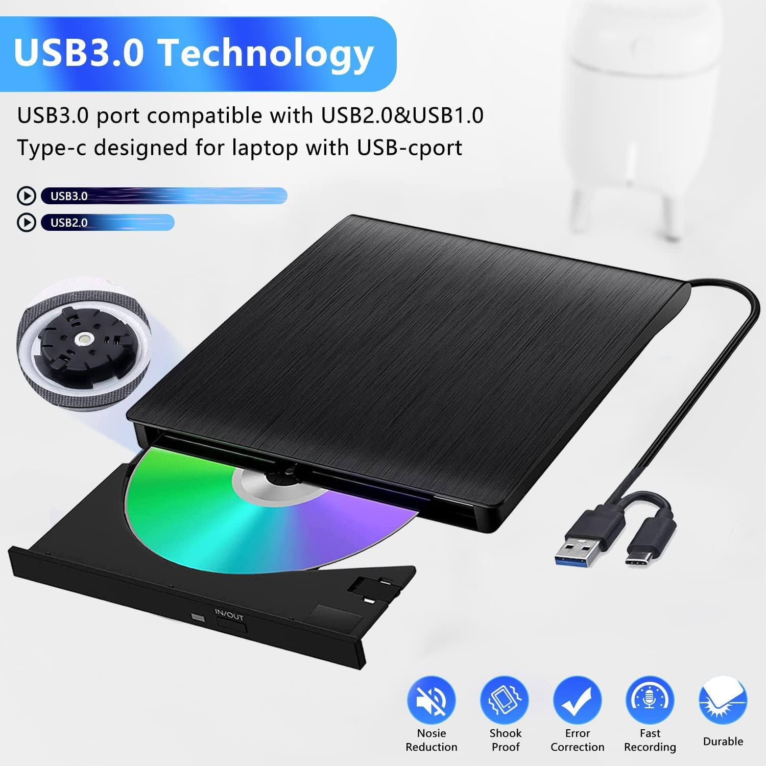 Lecteur CD/DVD Externe USB 3.0 et Type-C, Graveur DVD Portable pour PC/Laptop, Compatible Windows 11/10/8.6/XP/Linux/MacOS - 2