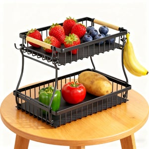 Cesto Impilabile In Filo Metallico Con Coperchio In Legno Di Bambù - Grande Contenitore Per Dispensa, Frutta E Verdura, Organizer Da Cucina, Risparmia Spazio, Nero