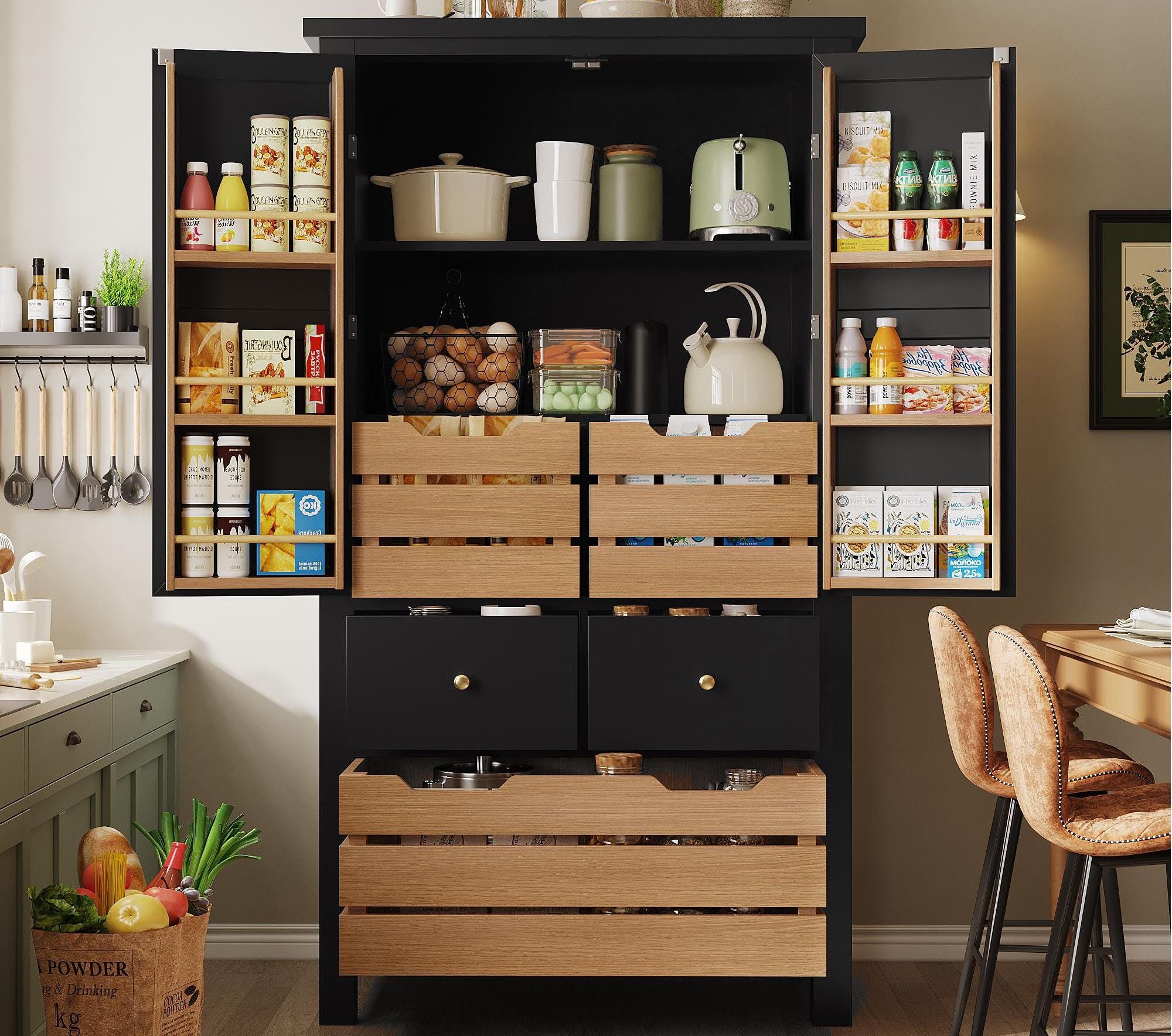 Buffet de cuisine 80x40x140cm - 2 portes + 2 tiroirs - avec panier à ...