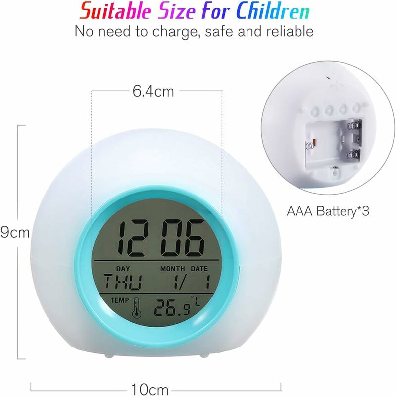 Réveil numérique pour enfants (7 couleurs), avec calendrier et thermomètre. Réveil rond avec veilleuse LED pour bébés et enfants (couleur). - 2