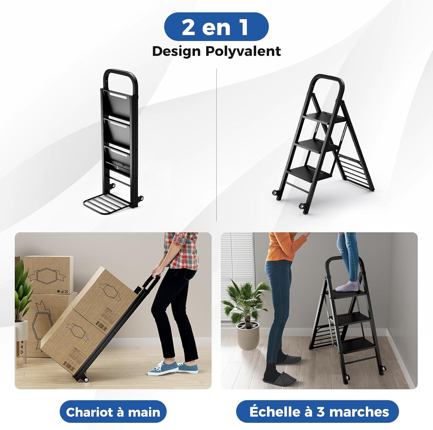 Escabeau et Diable 2 en 1 Pliant en Métal Robuste, Échelle à 3 Marche Larges Diable Convertible, Capacité Echelle 200 kg/Diable 250 kg, Noir - 6