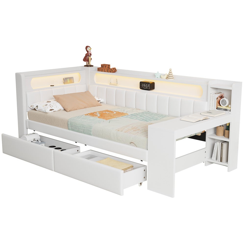 Lit mezzanine blanc 90x200cm avec bureau, 2 tiroirs, éclairage LED, USB et Type-C, étendoir à