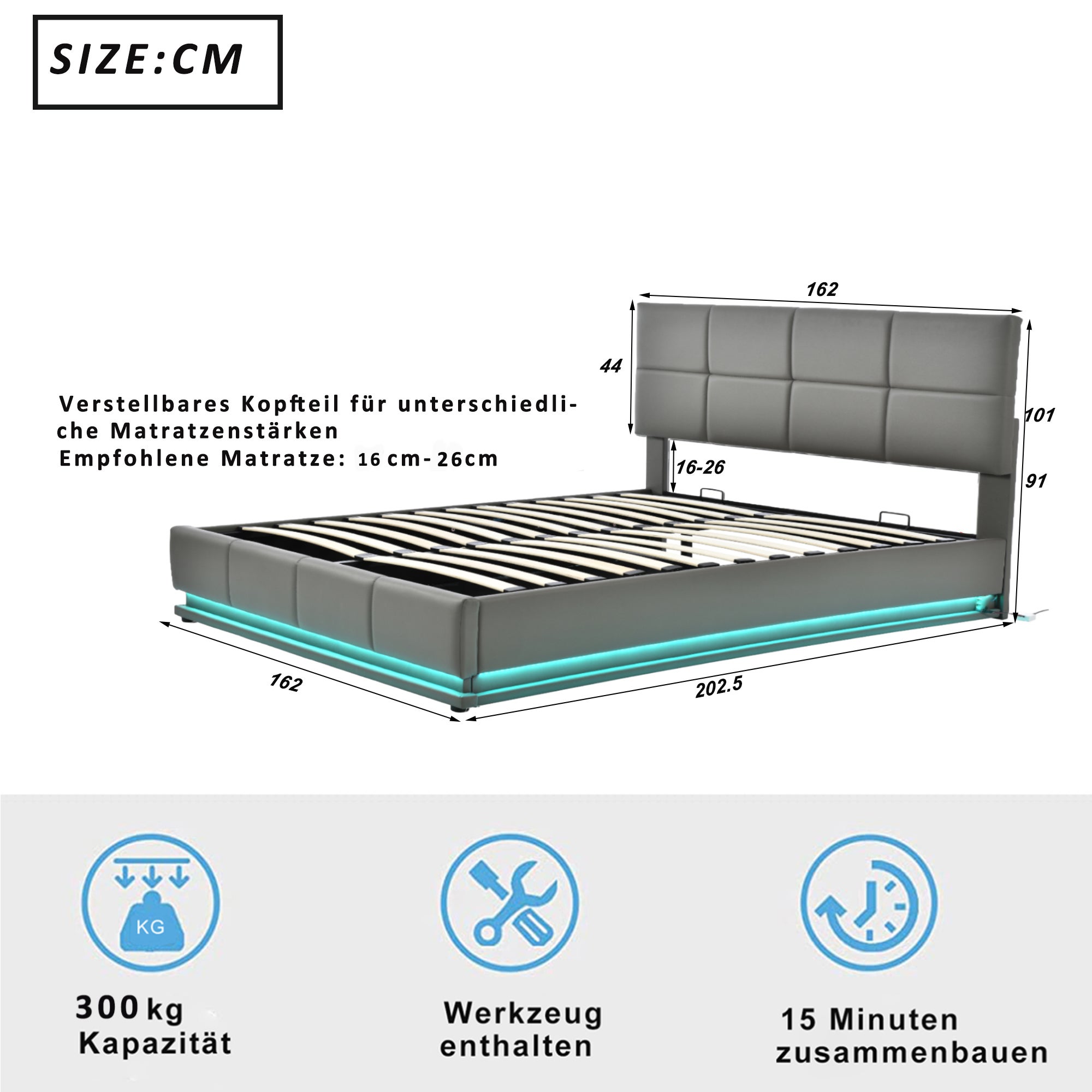 Łóżko 160x200cm z ekoskóry z LED + stelaż z listew + regulowane wezgłowie - Szare - 5