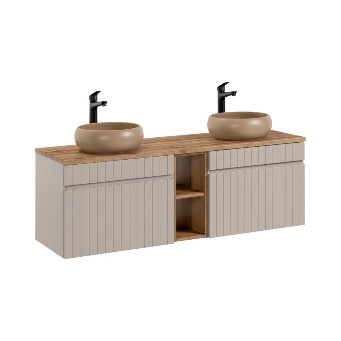 Conjunto icon: mueble bajo lavabo de 140cm con nichos visibles + 2 lavabos sobre encimera redondos marrón capuchino
