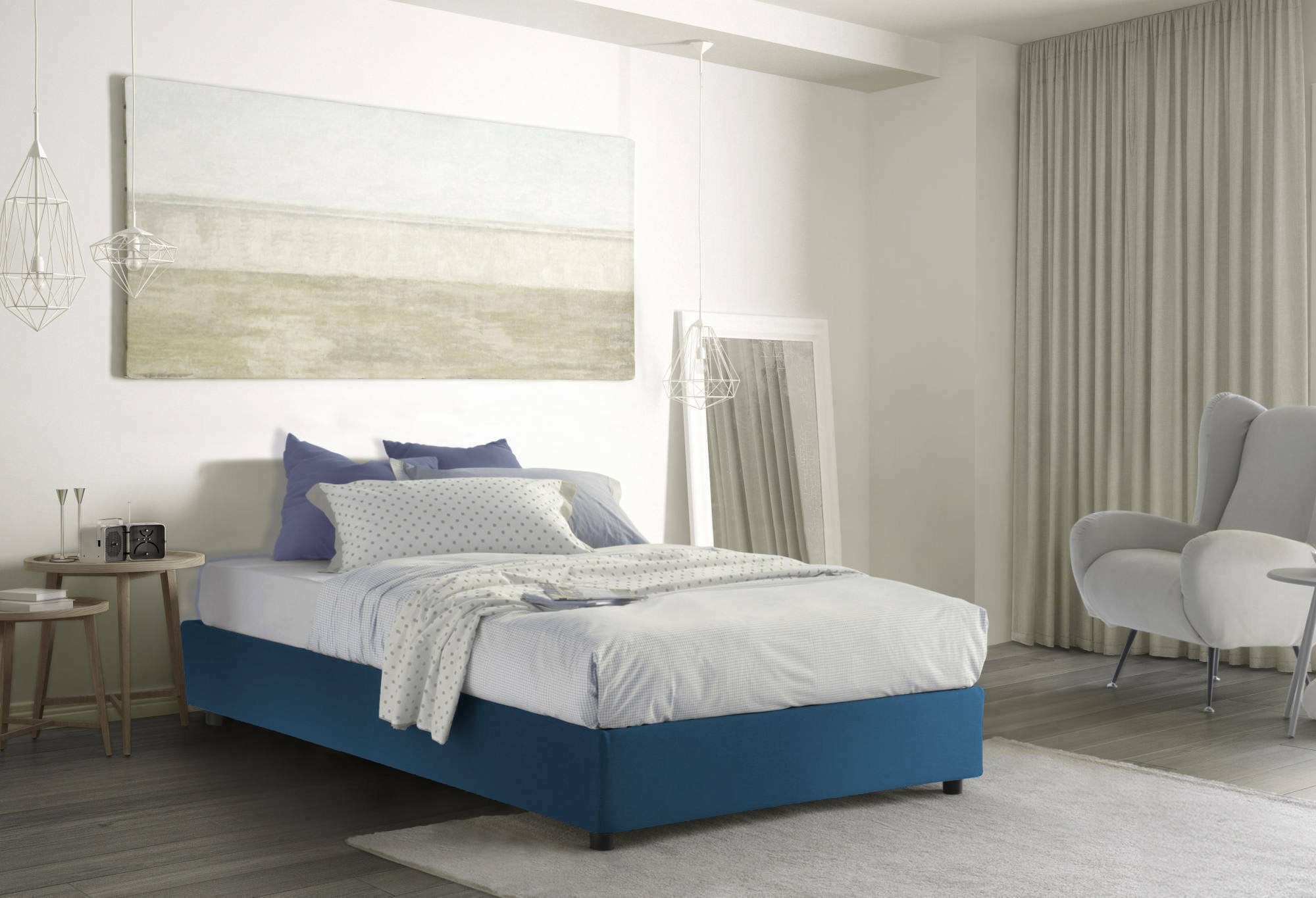 Lit double Made in Italy, déhoussable avec coffre, matelas 160x190 cm, bleu - Annibale - 2