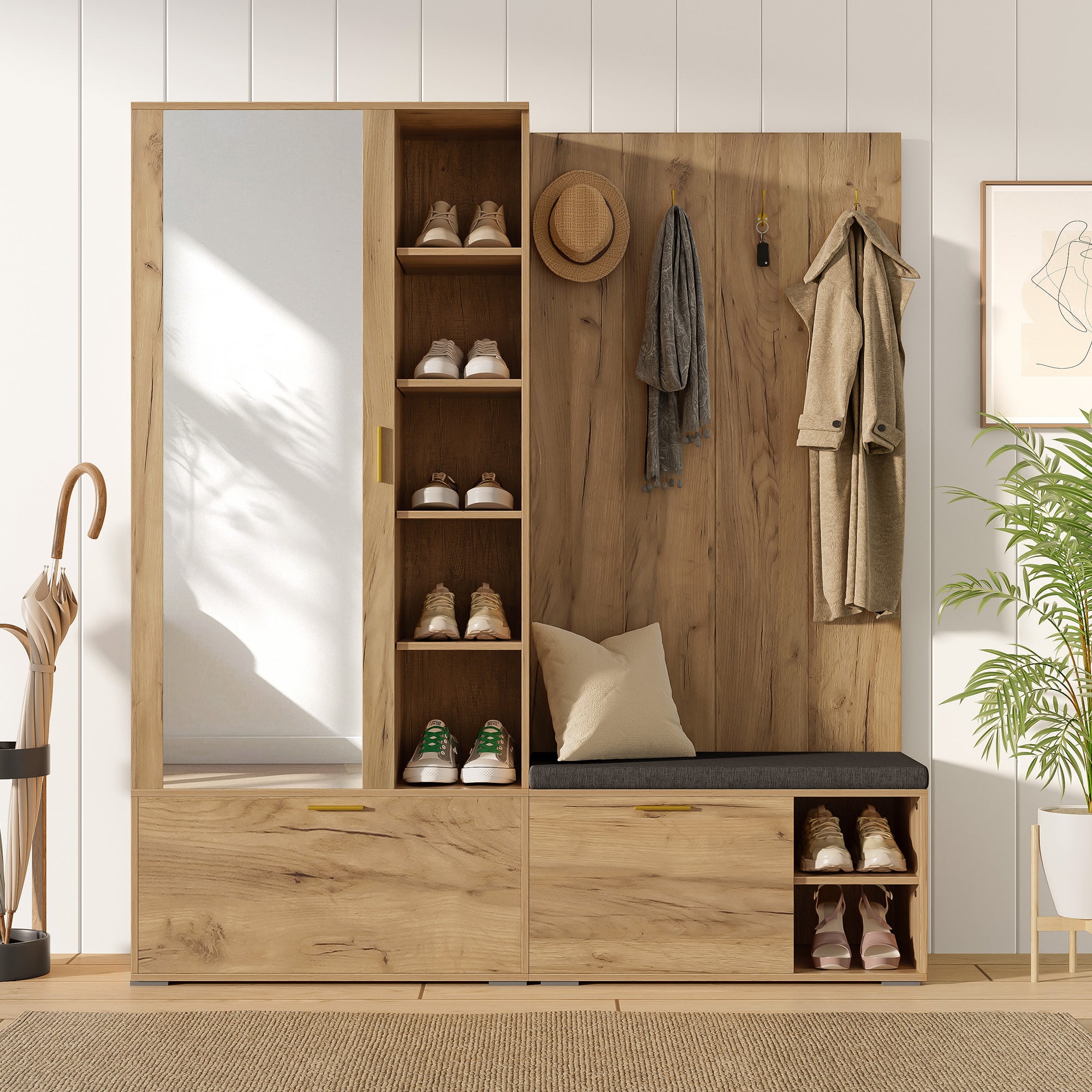 Set scarpiera con panca, specchio, 4 ganci, attaccapanni e 3 ante - 160 x 38 x 180 cm - Truciolare - Naturale - 2