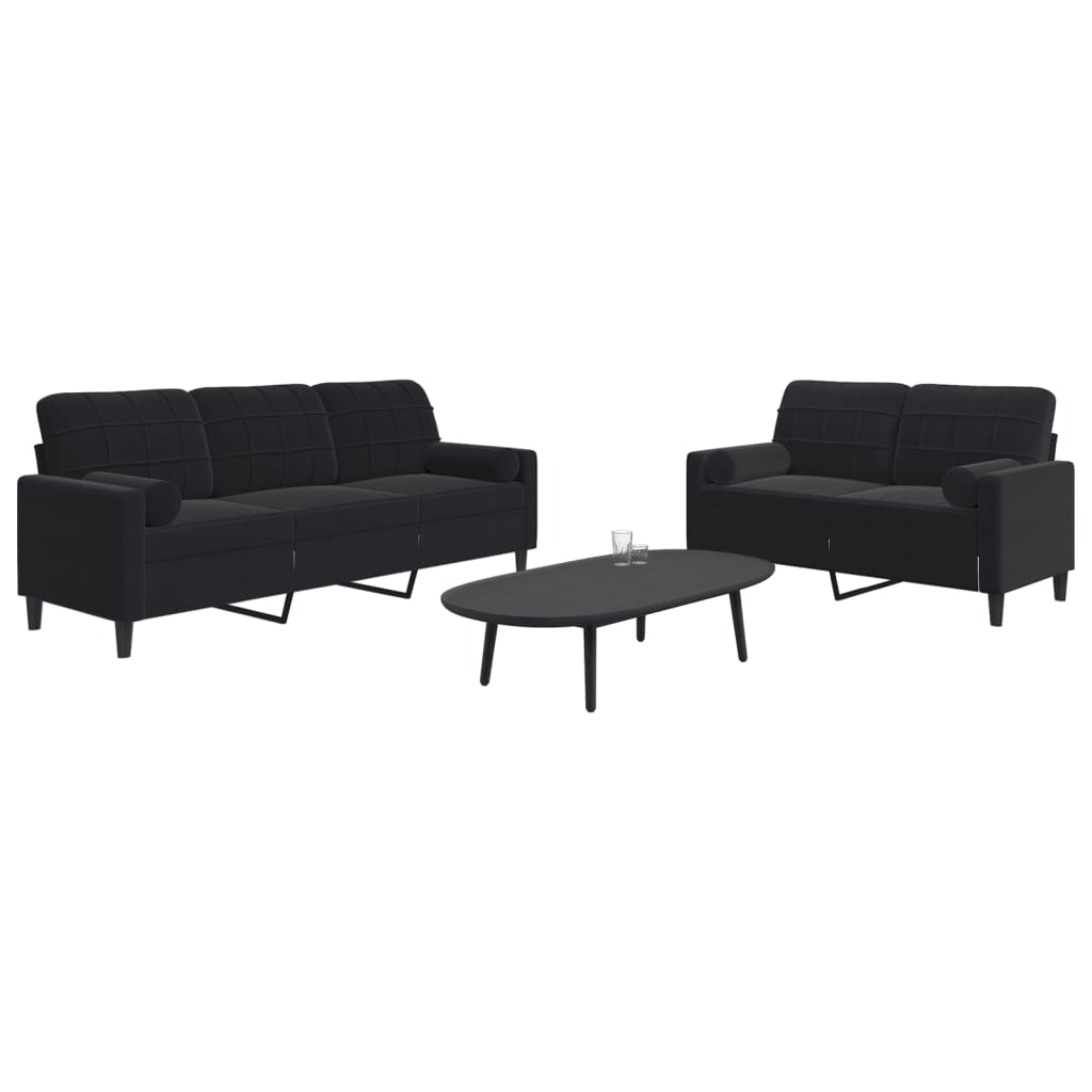 Conjunto de sofás de 2 piezas y cojines y bolsters de terciopelo negro.