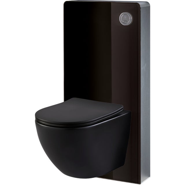 Pack WC suspendu gain de place bâti mural verre noir + cuvette sans bride noir mat corolla