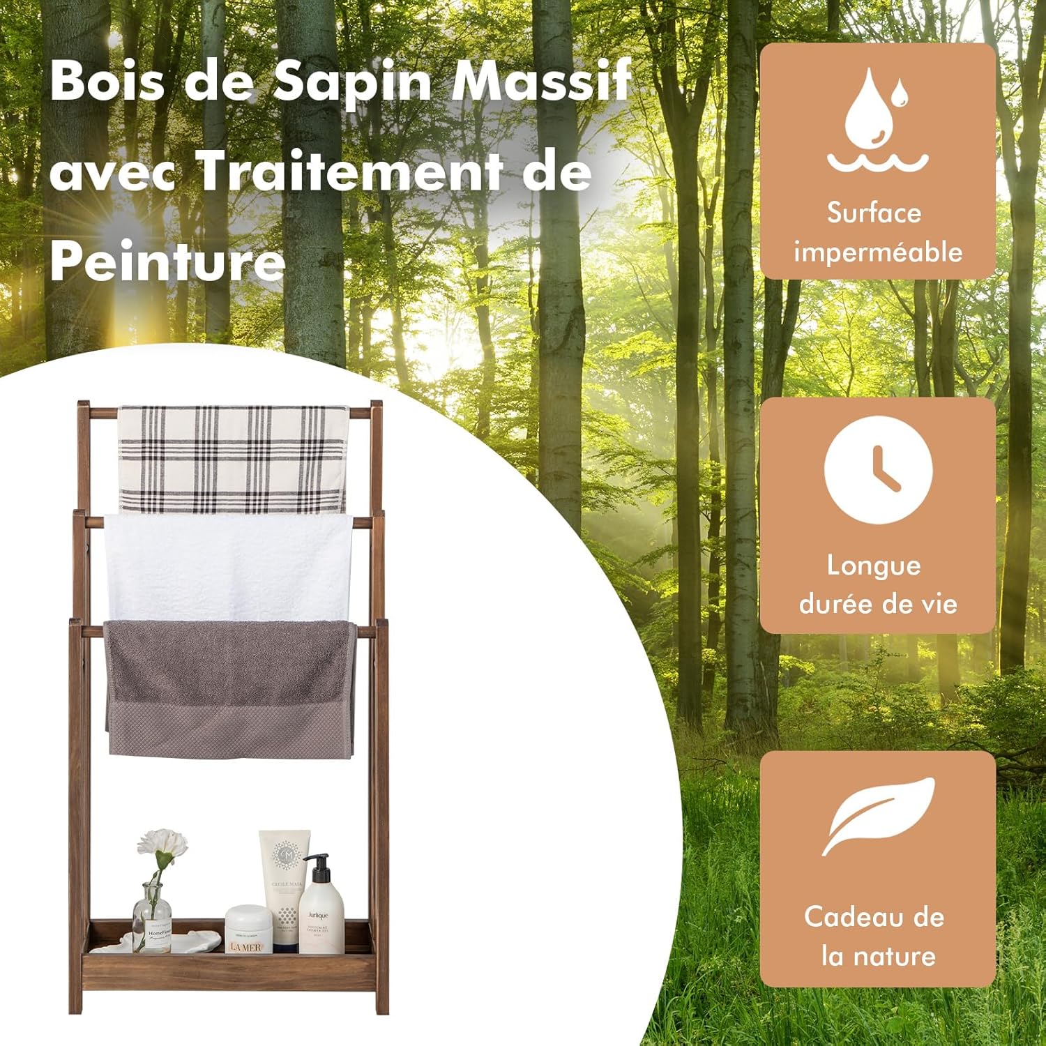 Porte-Serviettes Autoportant sur Pied en Bois, avec 3 Barres Individuelles et Étagère Surélevée, Design Creux, 45x22x86cm - 2