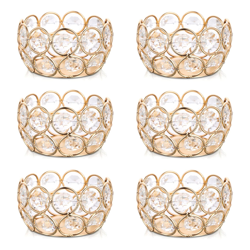 6 portavelas de cristal de 8 cm con borde dorado para decoración de mesa para navidad, bodas, fiestas, banquetes y cumpleaños.