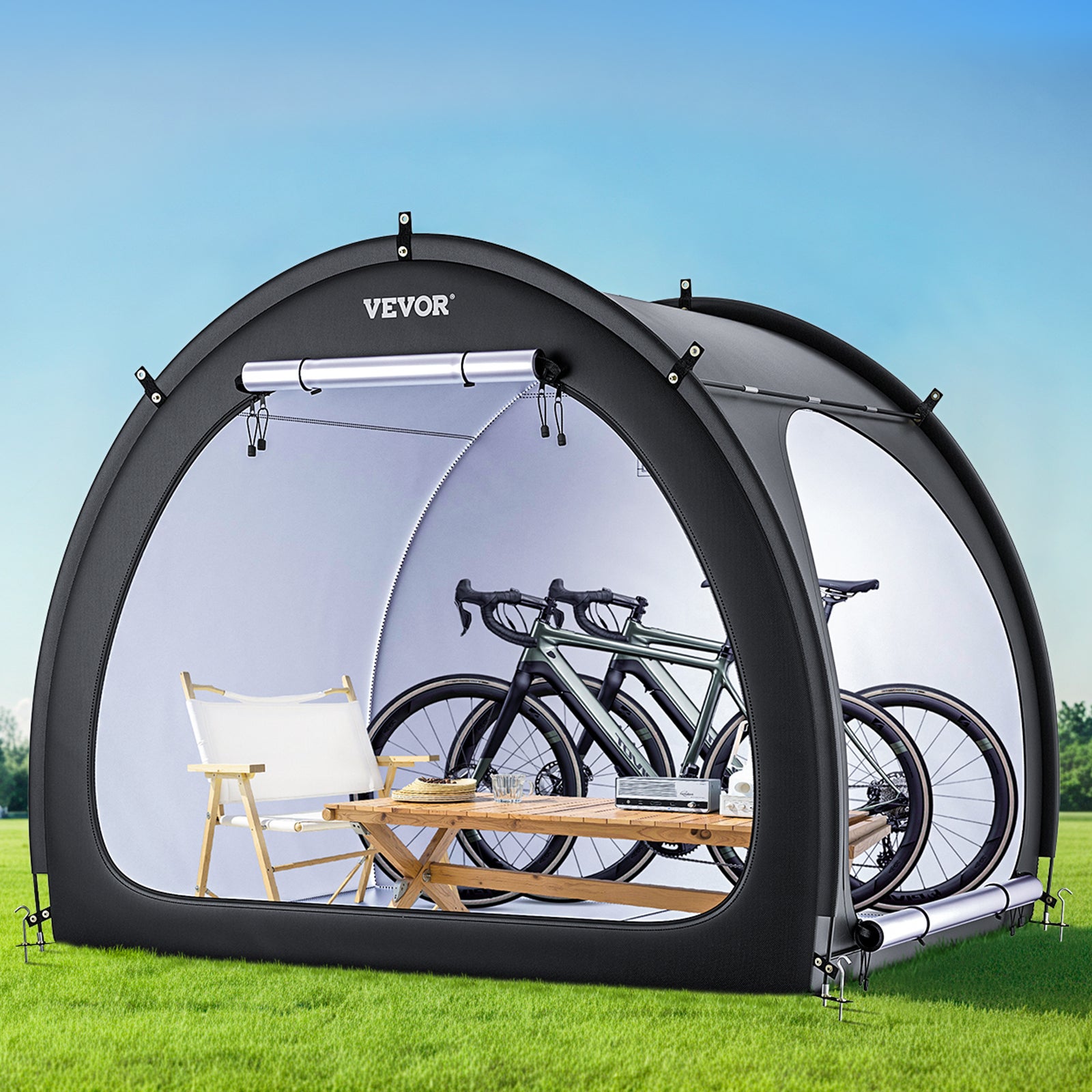 Abri à vélos VEVOR 4–5 vélos Tente Oxford 210D, Ouvertures latérales doubles (2 panneaux, fermetures éclair + velcro), Poteaux fibre de verre - 8