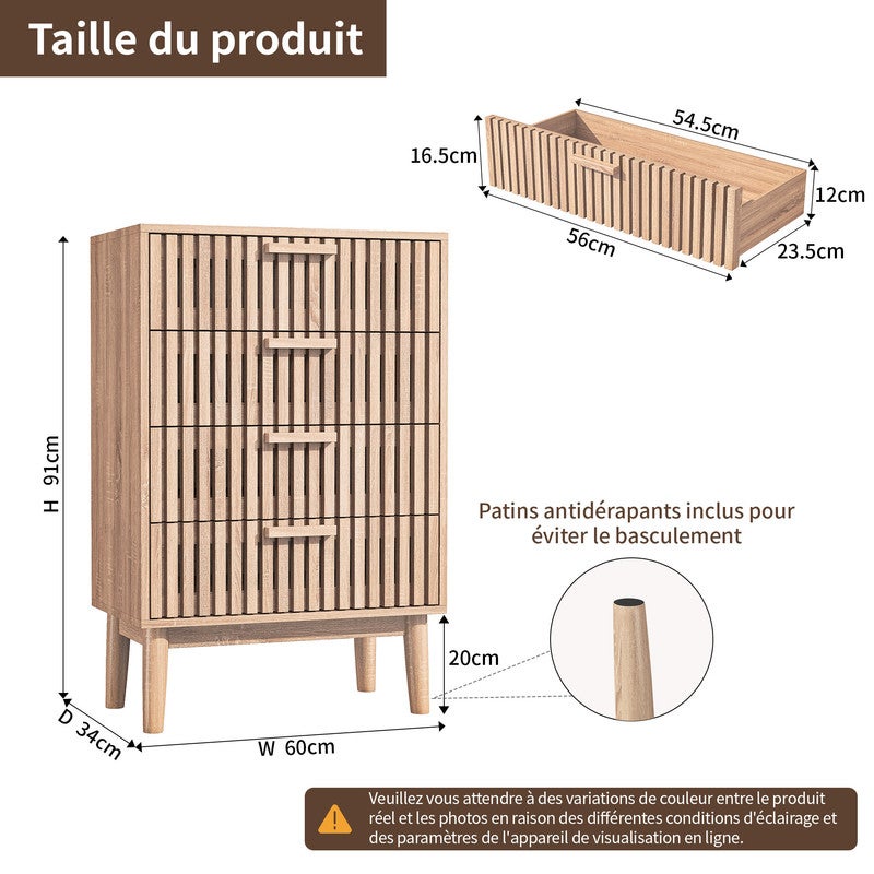 Commode à 4 tiroirs, Buffet, Meuble à chaussures, Table d'appoint, Meuble de rangement, Couleur bois naturel - 5