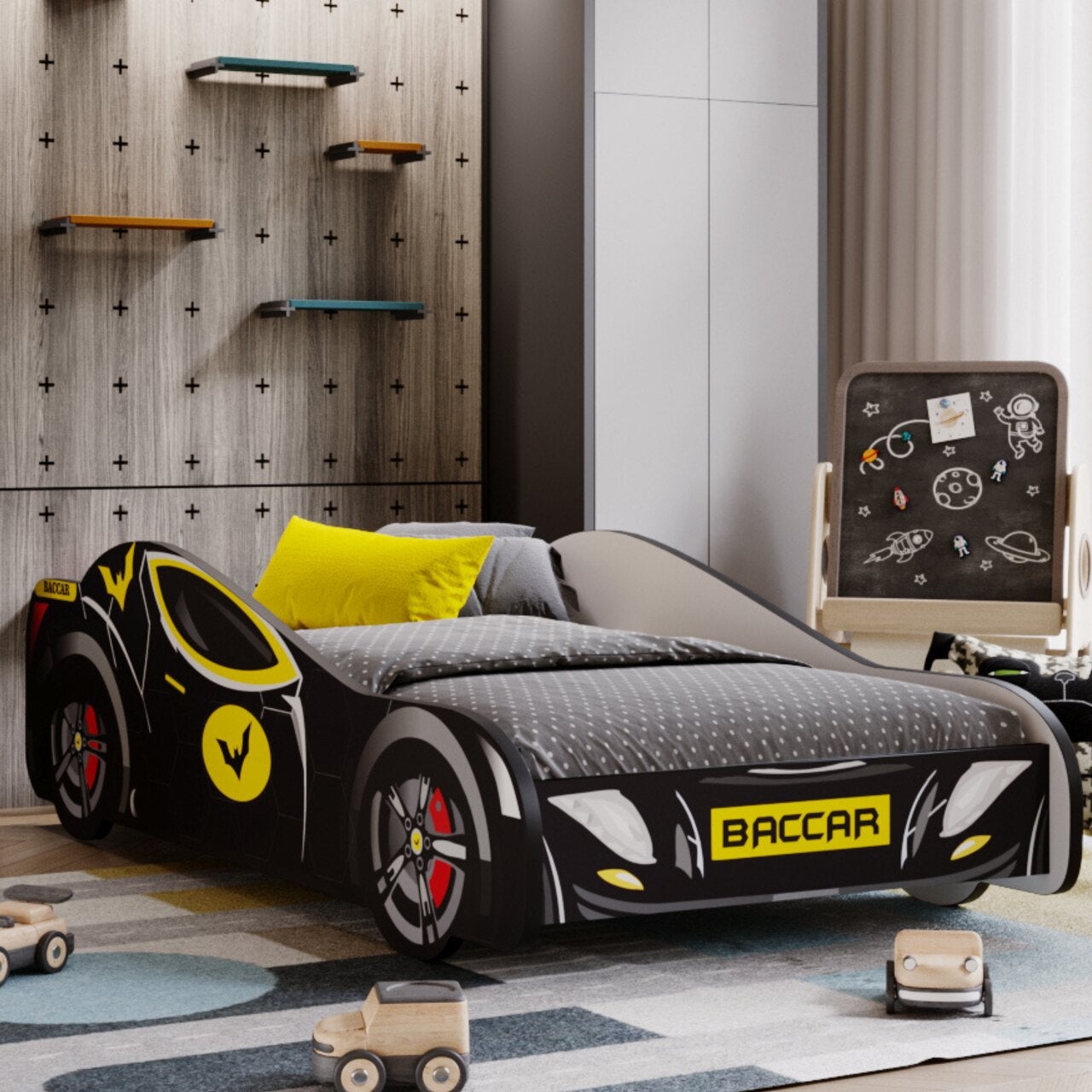 Łóżko dziecięce Batcar czarne 160x80 cm – Zawiera materac, sportowy i zabawny design, kompaktowa i bezpieczna konstrukcja