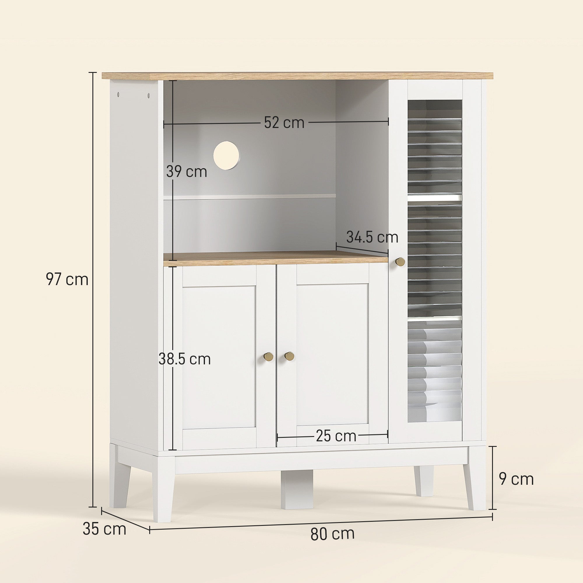 HOMCOM Mobile Microonde con Armadietto Inferiore e 3 Ripiani Laterali con Anta in Vetro, in Legno, 80x35x97 cm, Bianco - 3