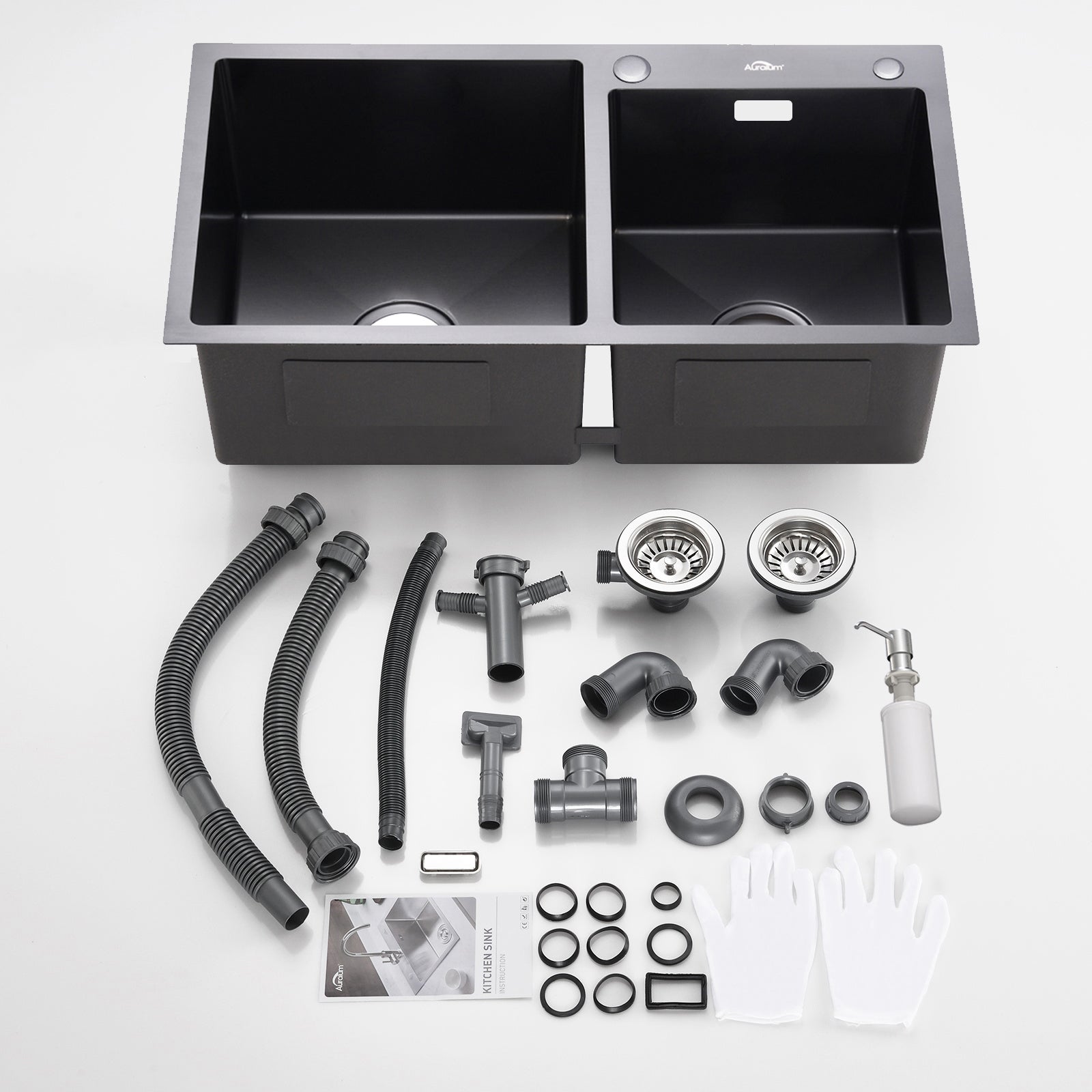 Evier de Cuisine en Inox Évier Double Bac avec 2 Trous de Montage Evier de Cuisine Kit avec Distributeur Savon/ Siphon, 75x45x19cm,Noir - 6