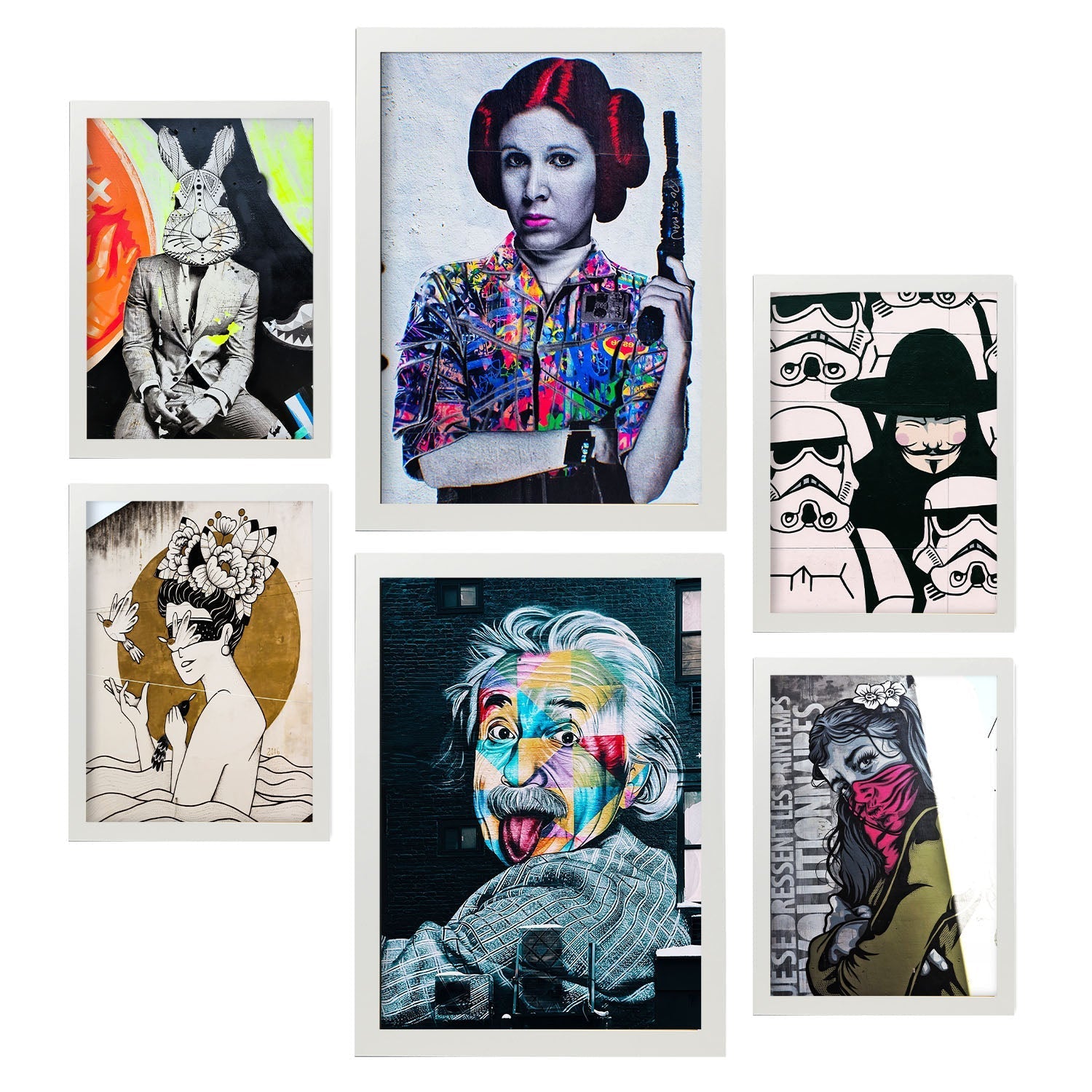 6 pósteres fotograficos graffiti callejero impresion mural arte pop urbano láminas decorativas modernas banksy a3 y a4 con marco blanco