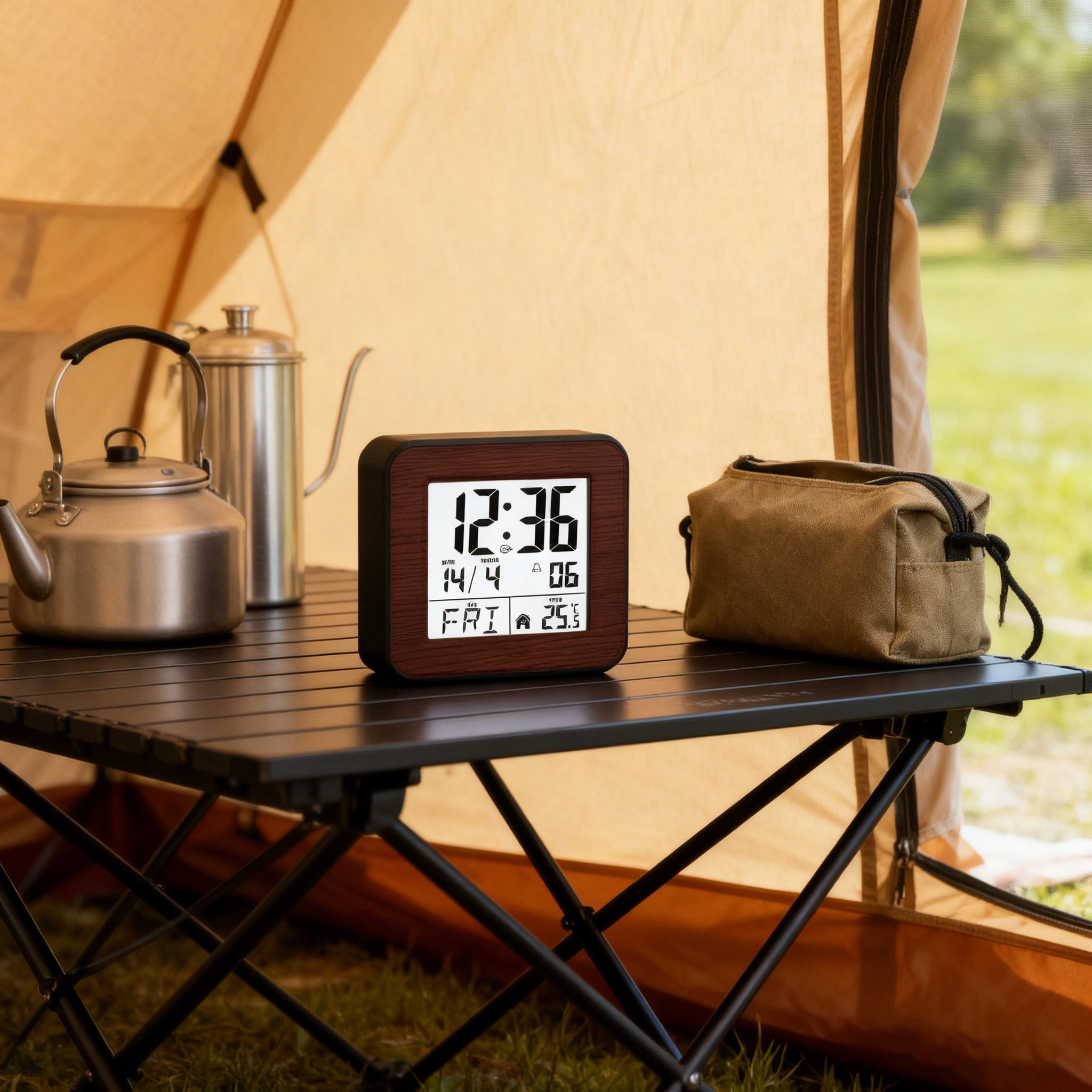Set 4pcs sveglie digitali radiocontrollate con temperatura, data, schermo grande e snooze, perfette per camera, soggiorno e ufficio – marrone - 7