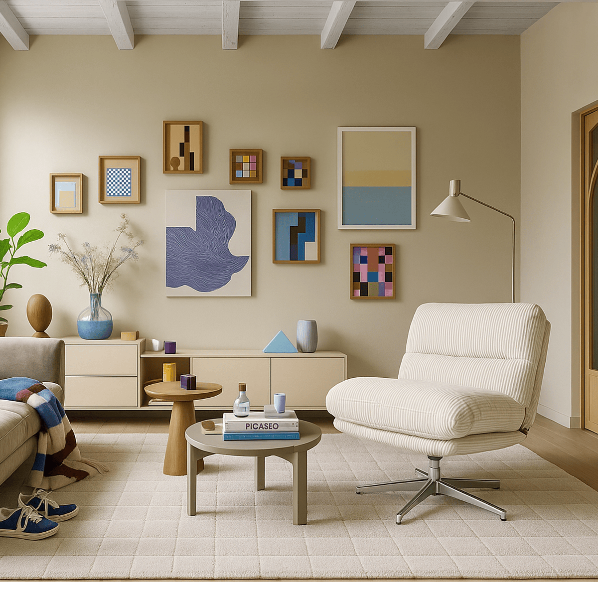 Fauteuil pivotant en velours cotelé beige et piètement chromé - Julia - 2