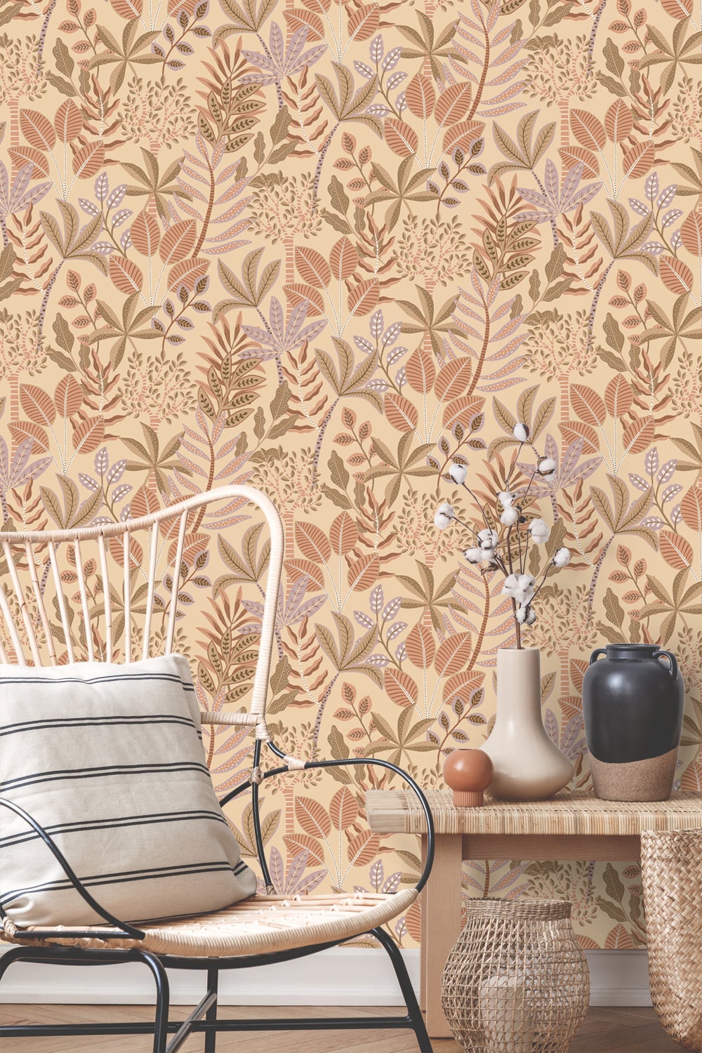Papier peint feuilles beige, rose terracotta et lilas violet - 50 x 900 cm - ESTAhome - 6