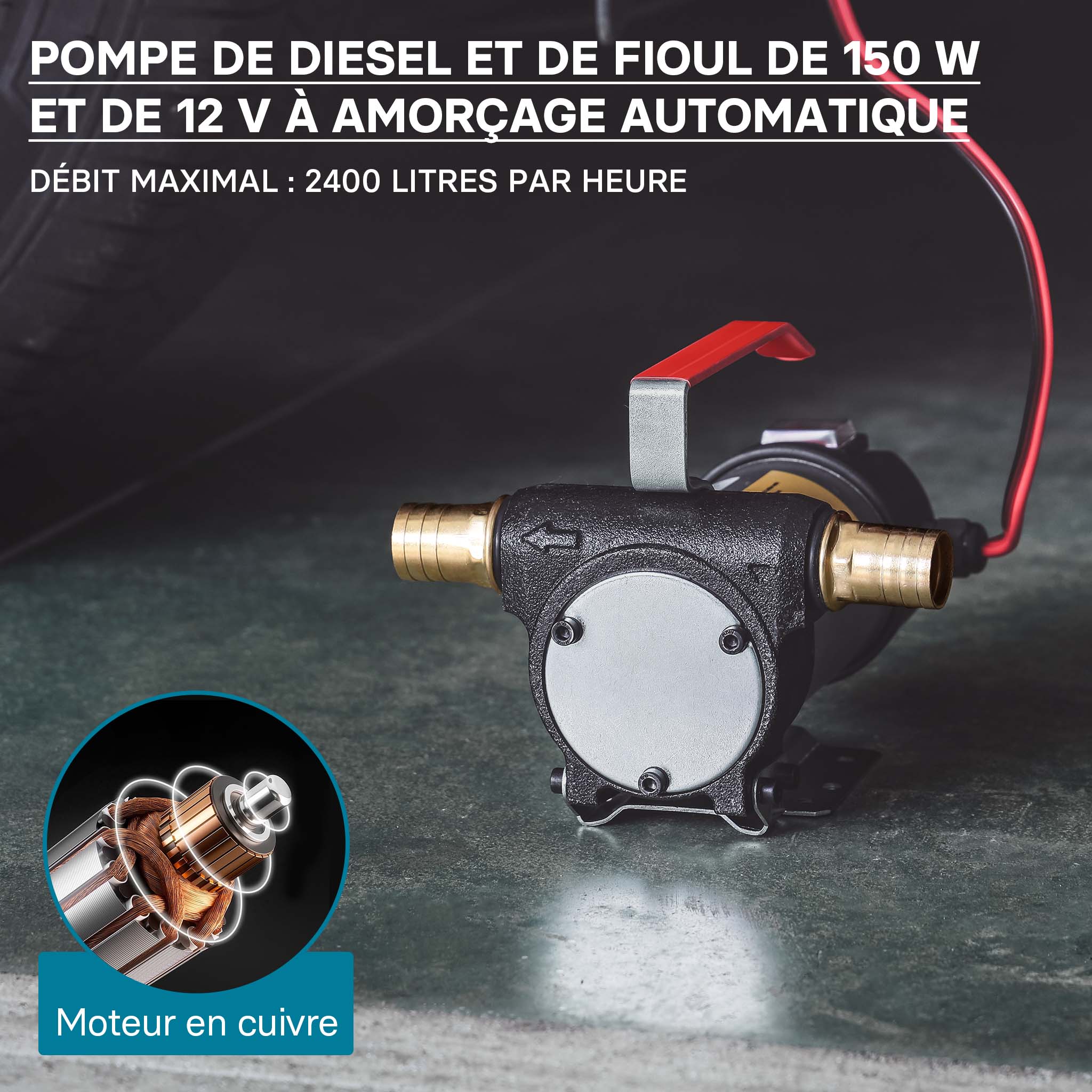 Wiltec Pompe d'aspiration à Fuel Diesel auto-amorçante – 12 V / 150 W / 40 l/min – avec Bornes de batterie – Pour gazole et huile de diesel, vidang... - 5
