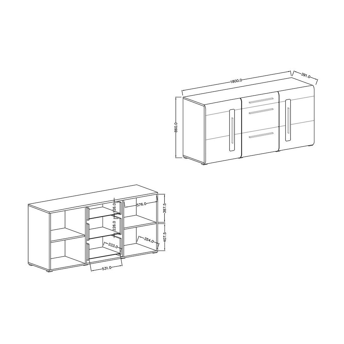Buffet design 180cm. Collection BREDA deux portes et trois tiroirs. Coloris chêne. - 2