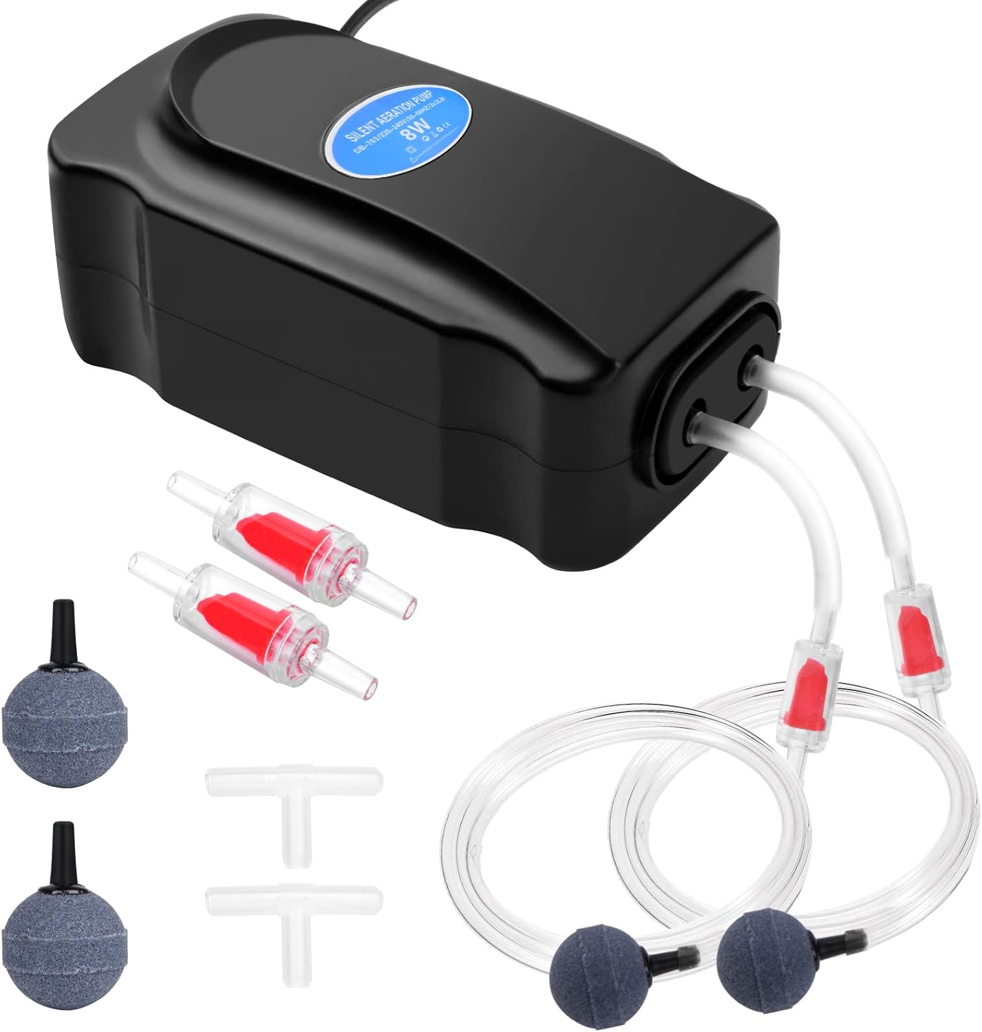 Pompka Powietrza do Akwarium, 3W/8W Regulowana do Akwarium 5 do 300 L Ultra Cicha z Wężem 1,5M/2M, Kamień Napowietrzający, Zawór Zwrotny i Złączka T