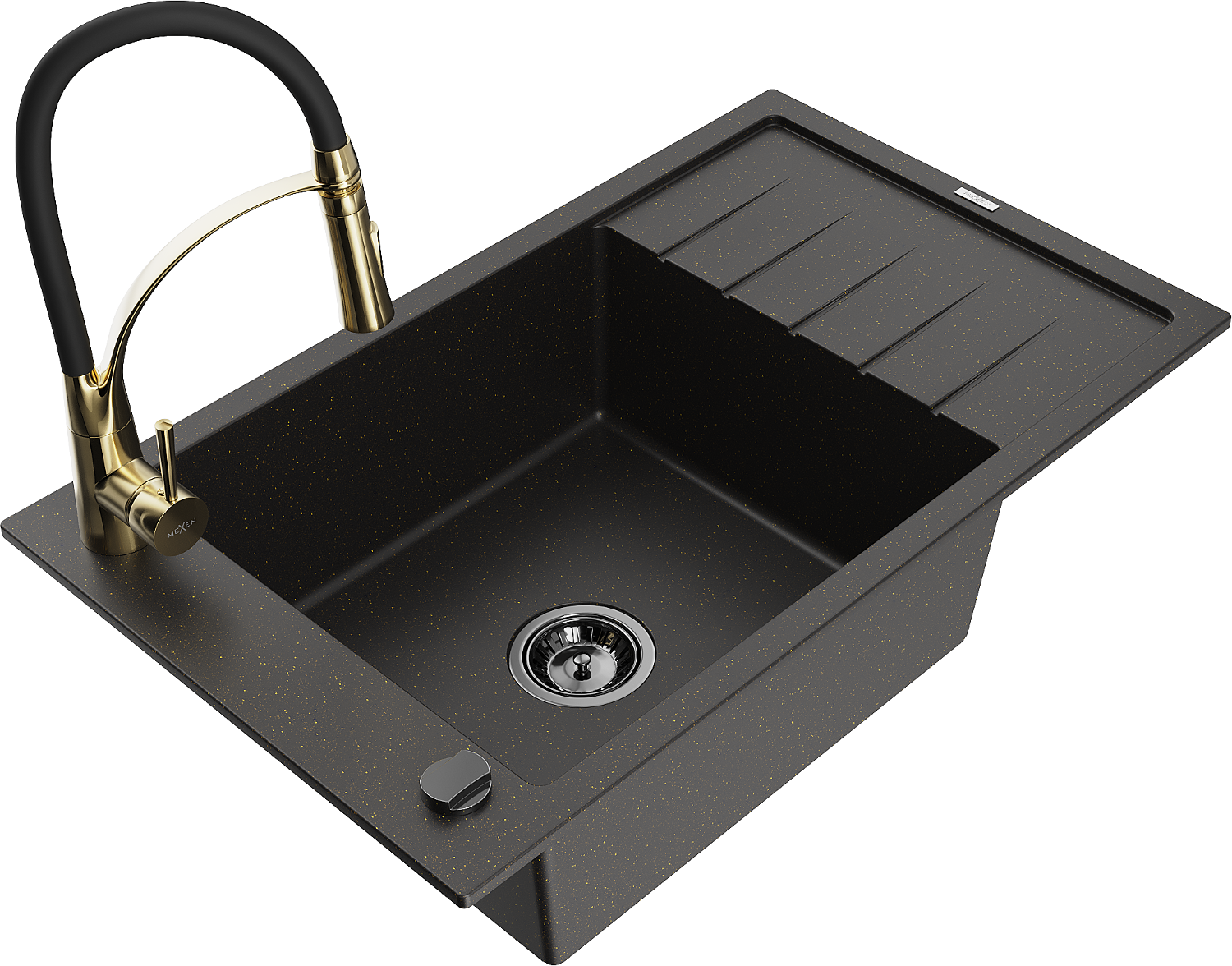 Mexen Elias zlewozmywak granitowy 1-komorowy z ociekaczem i baterią kuchenną Aster, czarny/złoty metalik - 6511-75-73450-57-B
