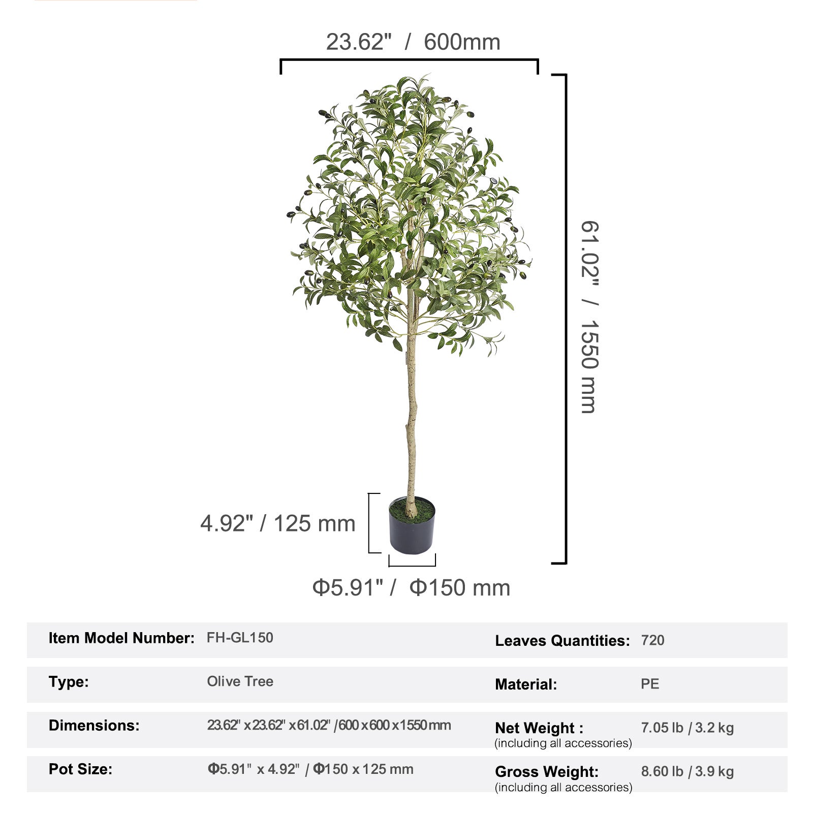 Oliveira Artificial 155 cm em PE SucceBuy, Planta Decorativa Realista com Vaso Estável, Fácil Manutenção para Casa, Escritório e Ambientes Internos - 2