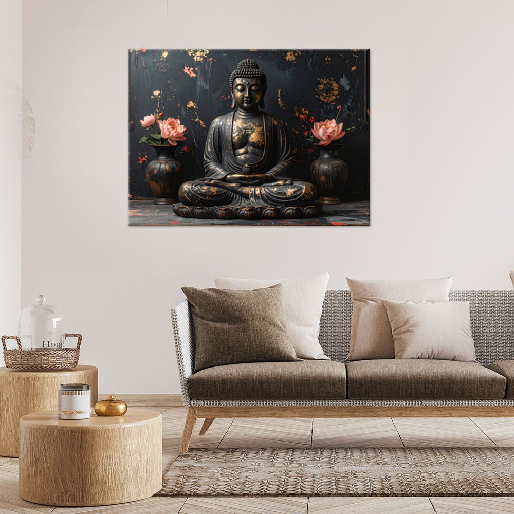 Obraz do salonu sypialni, Budda Zen Spa Kwiaty na czarnym tle 100x70 - 2