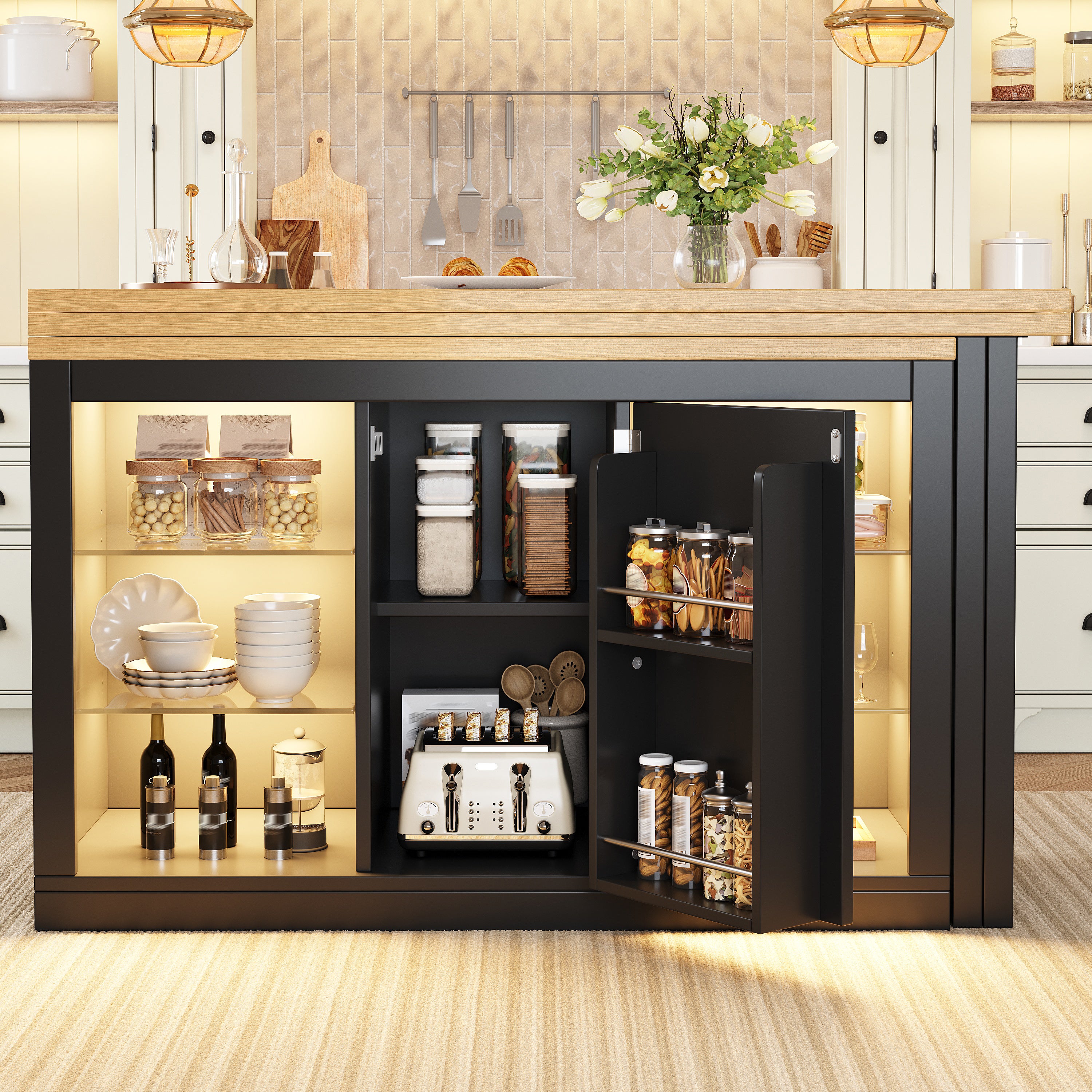 Îlot de cuisine extensible 120-197x40x72cm cm avec table à manger, LED RGB , rotation 360°, portes magnétiques et étagères en verre,noir - 2