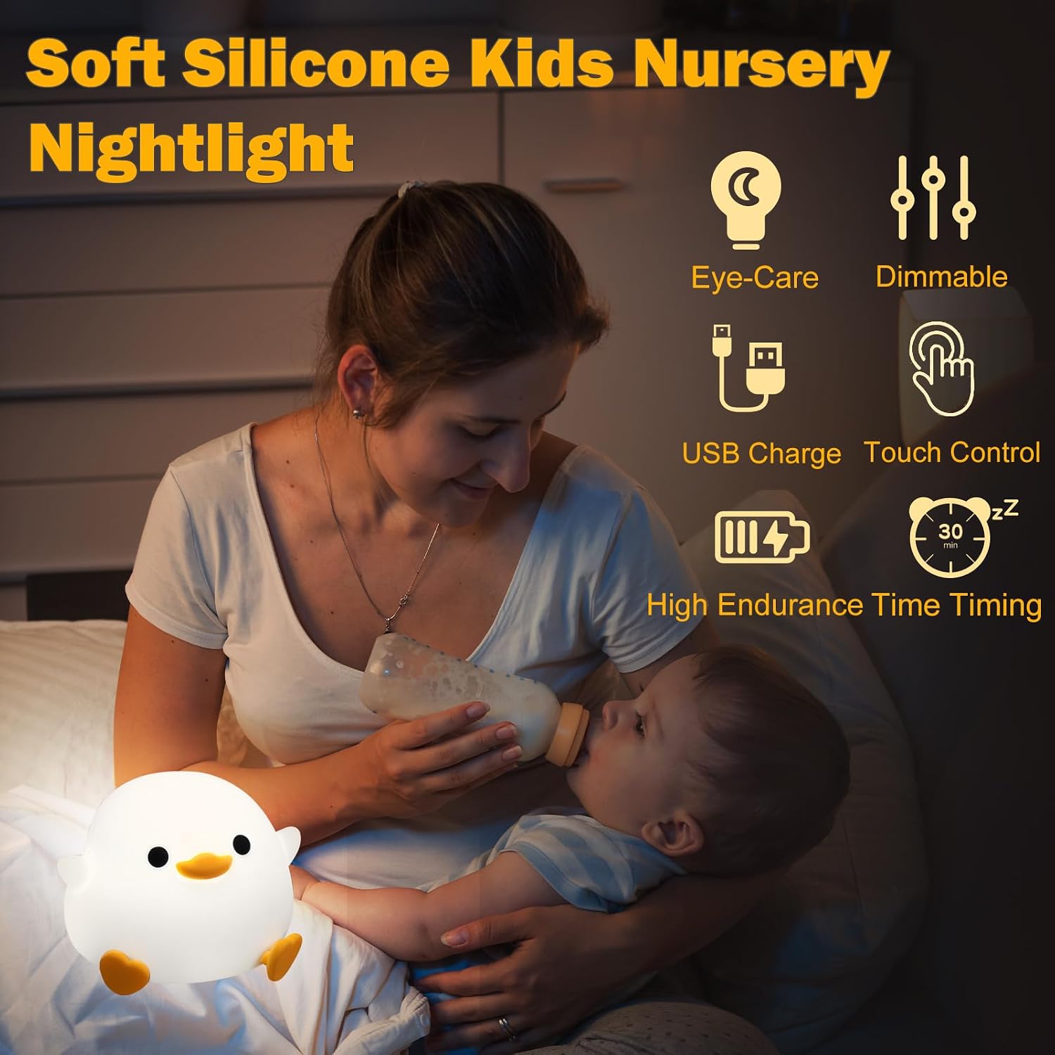 Dziecięca lampka nocna w kształcie kaczki dodo, LED, z miękkim pudrem, silikonem i sterowaniem dotykowym, z regulowanymi poziomami światła i możliwoś - 3