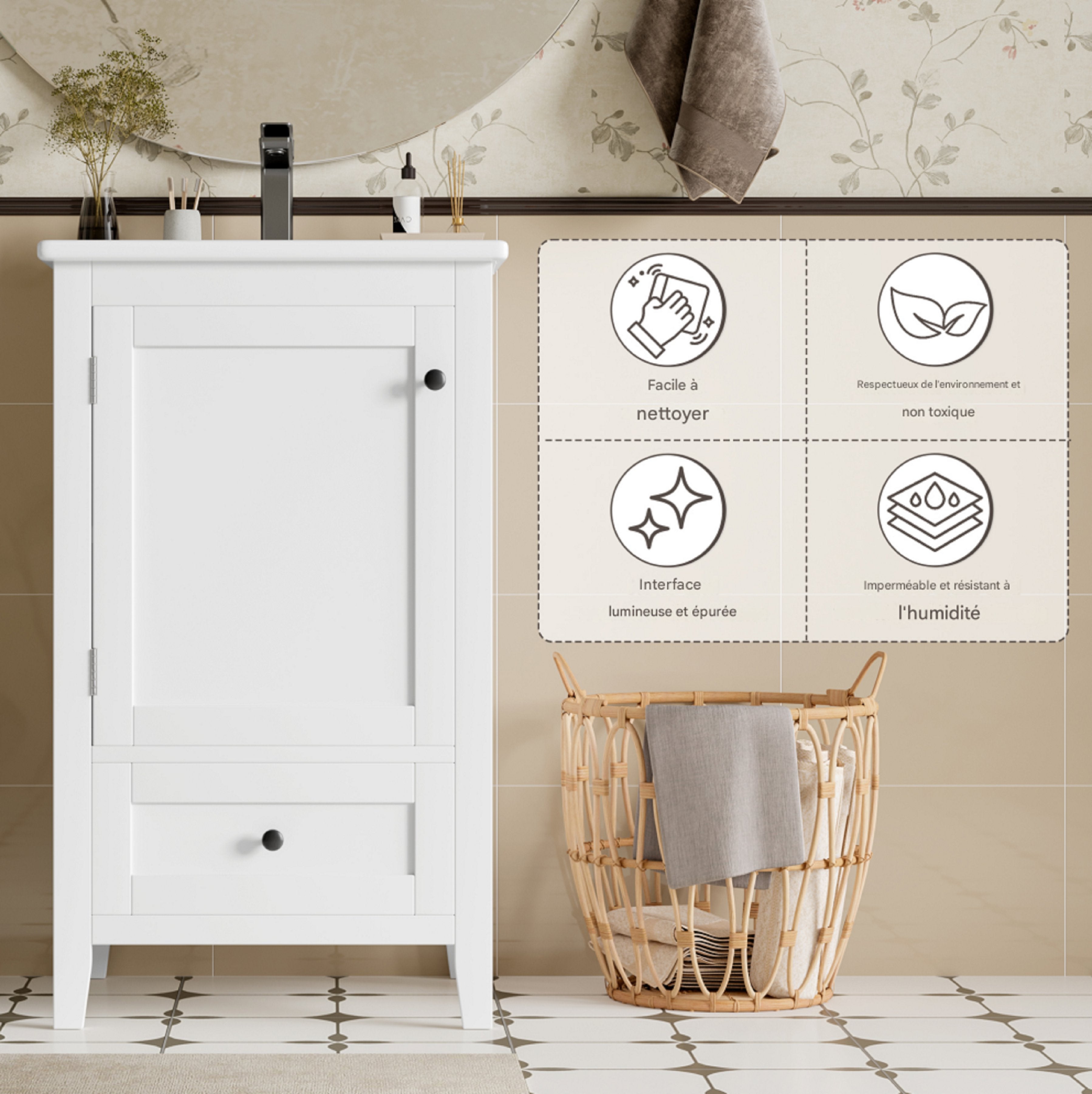 Meuble de salle de bain sur pied 51 x 46 x 85 cm avec vasque, meuble vasque, finition laquée intégrale, étagère de porte, blanc - 7