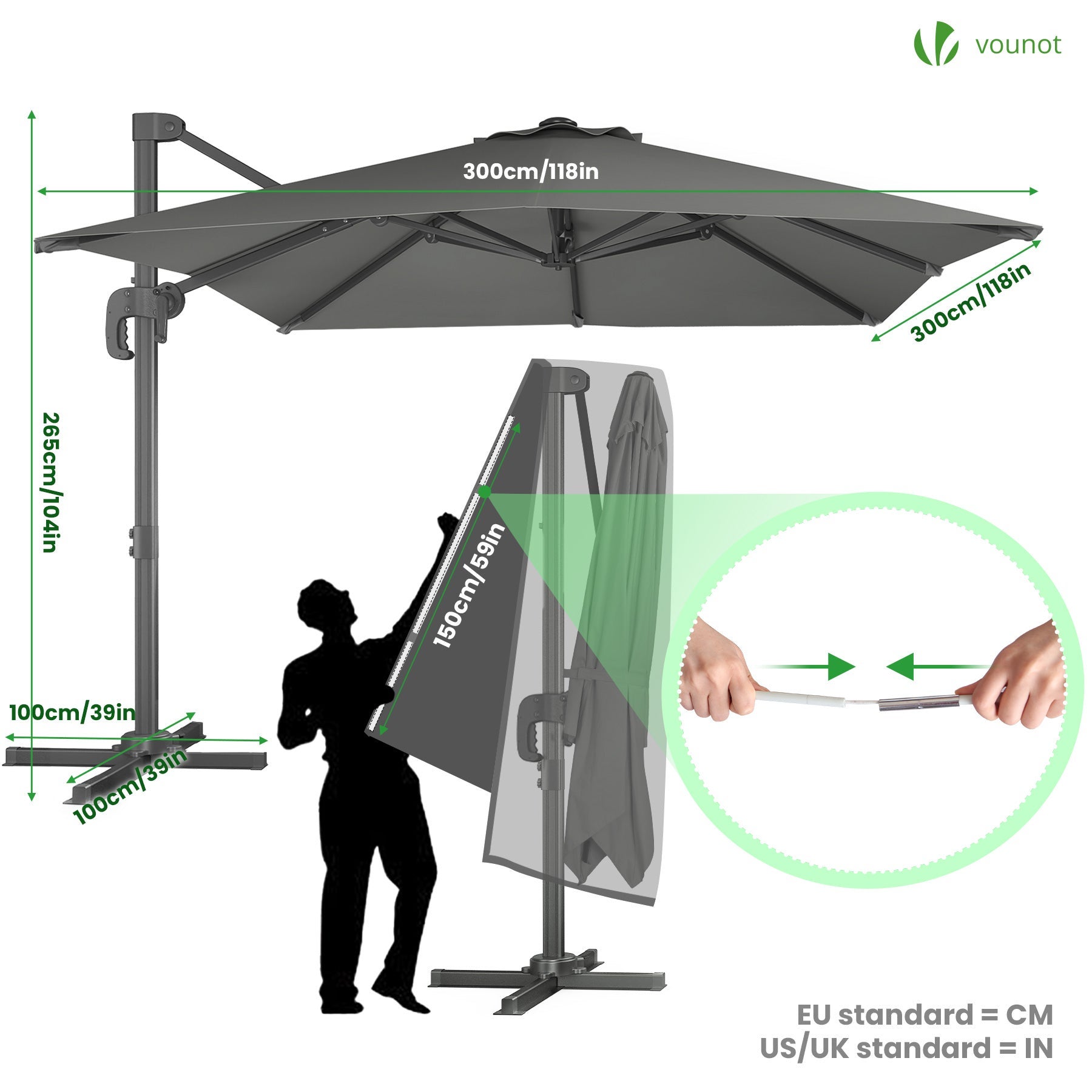VOUNOT® Parasol Excéntrico Cuadrado 3x3M, Gris - 3